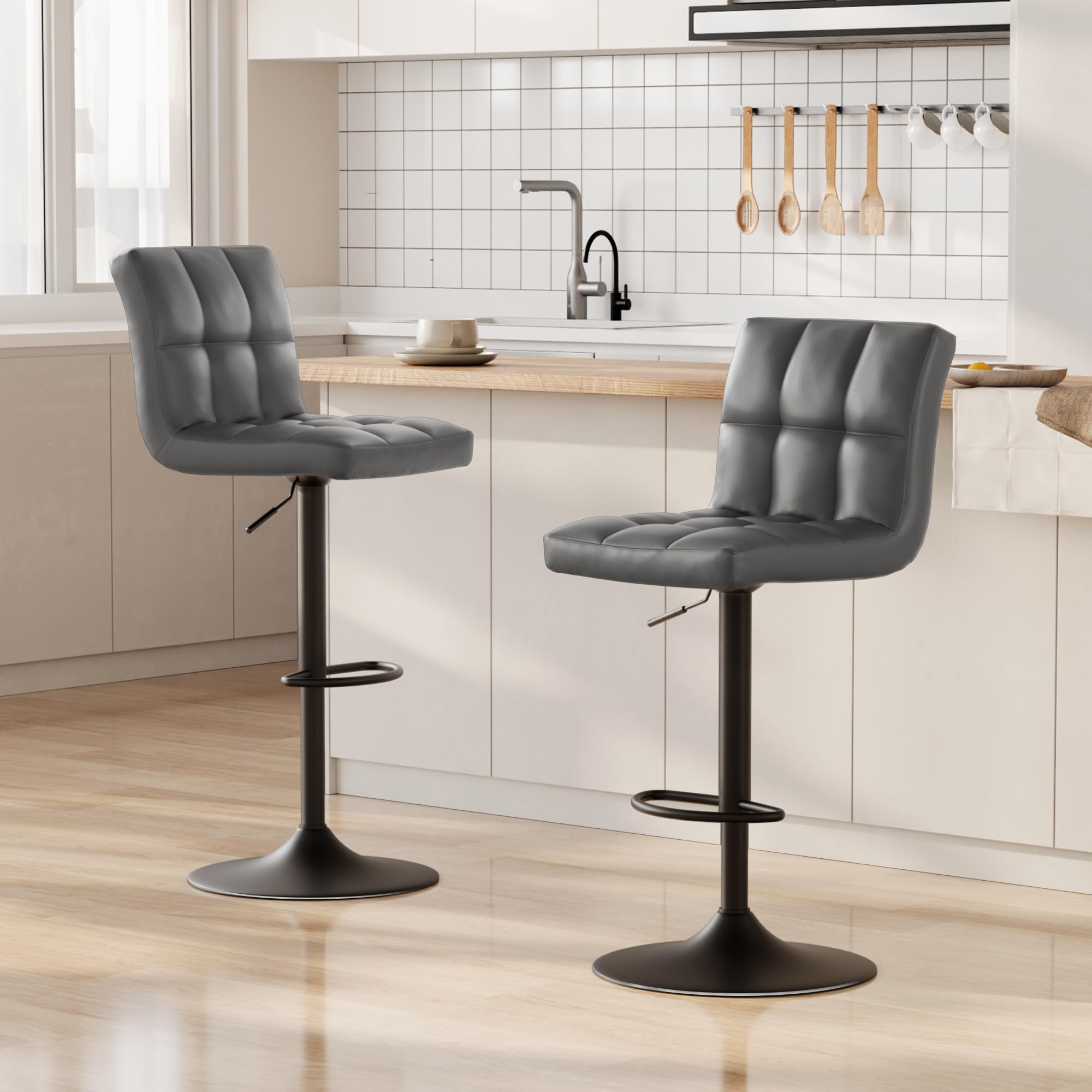bigzzia Barhocker 2er Set, Barhocker mit Lehne, Höhenverstellbar, PU-Leder Gepolsterter Barstuhl mit Rückenlehne und Fußstütze, 360° Drehbar, für Küche, Theke, Bar