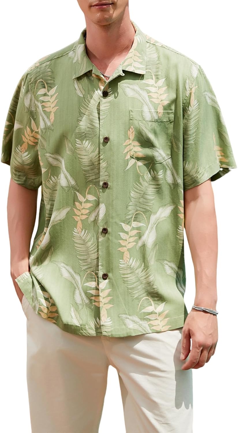 Men's Silk Hawaiian Floral Shirts Short Sleeve Button Down Casual Tropical Holiday Beach Shirts