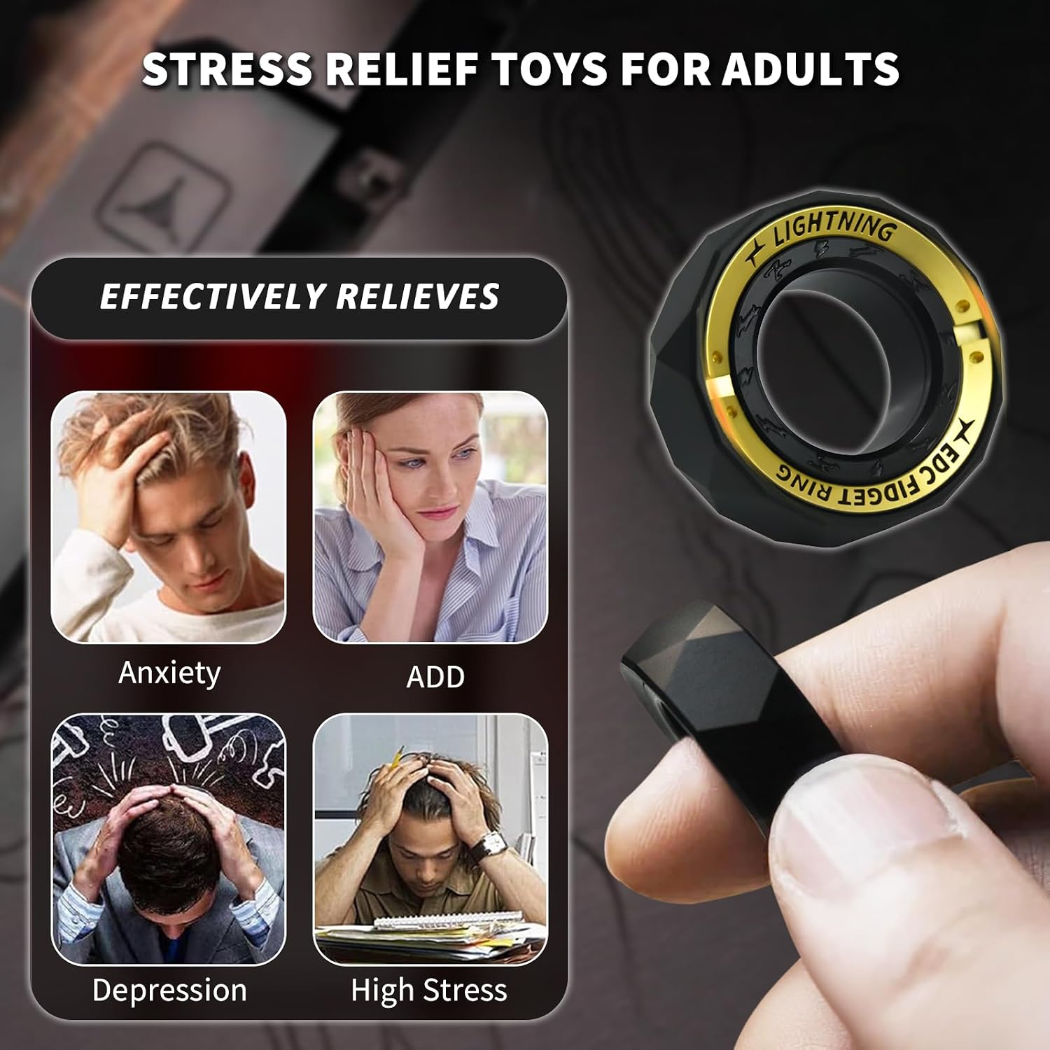 Lightning Fidget Ring for Anxiety, Stainless Steel Fidget Slider EDC Fidget Toys for Adults, Executive Desk Toy for Keep Focus & Anxiety Relief, Great Gadgets for Men Women (Black)