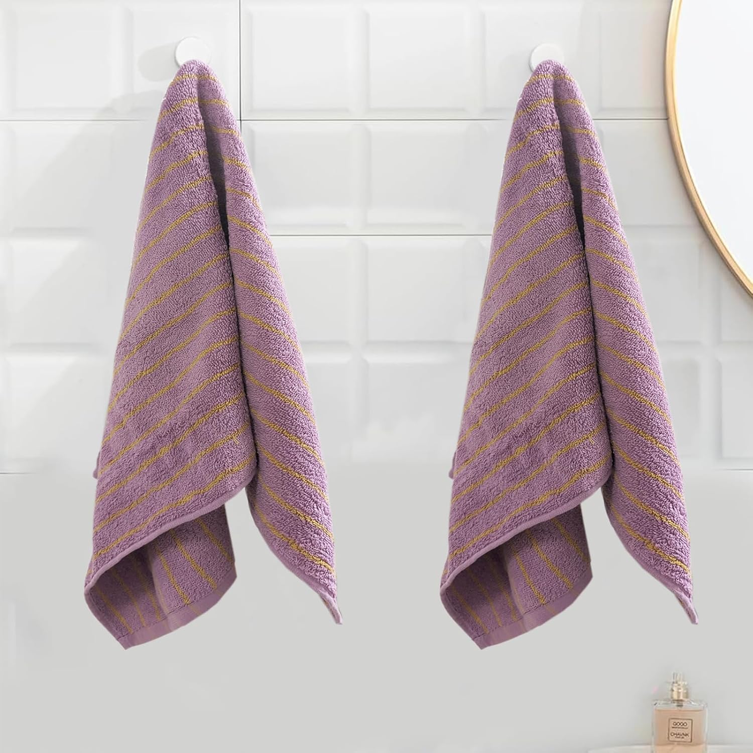 USTIDE Striped Hand Towel Thick Luxury Fluffy 100% Cotton Hand Towels for Bath Fashionable Spa Gym Purple Yellow Stripe Face Towel 2 Pack, 14 x 30 Inch - Image 6