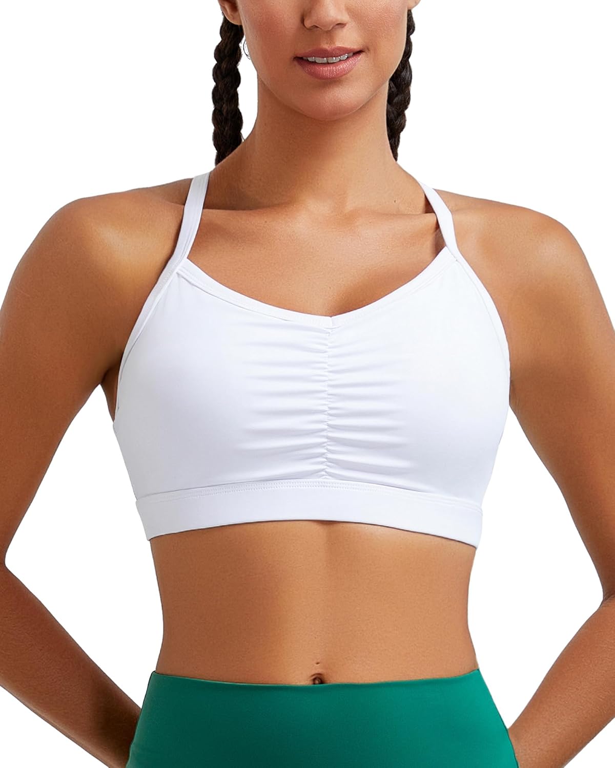 RUNNING GIRL Sports Bra for Women Ruched V Neck – Y Back Spaghetti Thin Strap Wireless Padded Medium Support Yoga Crop Top