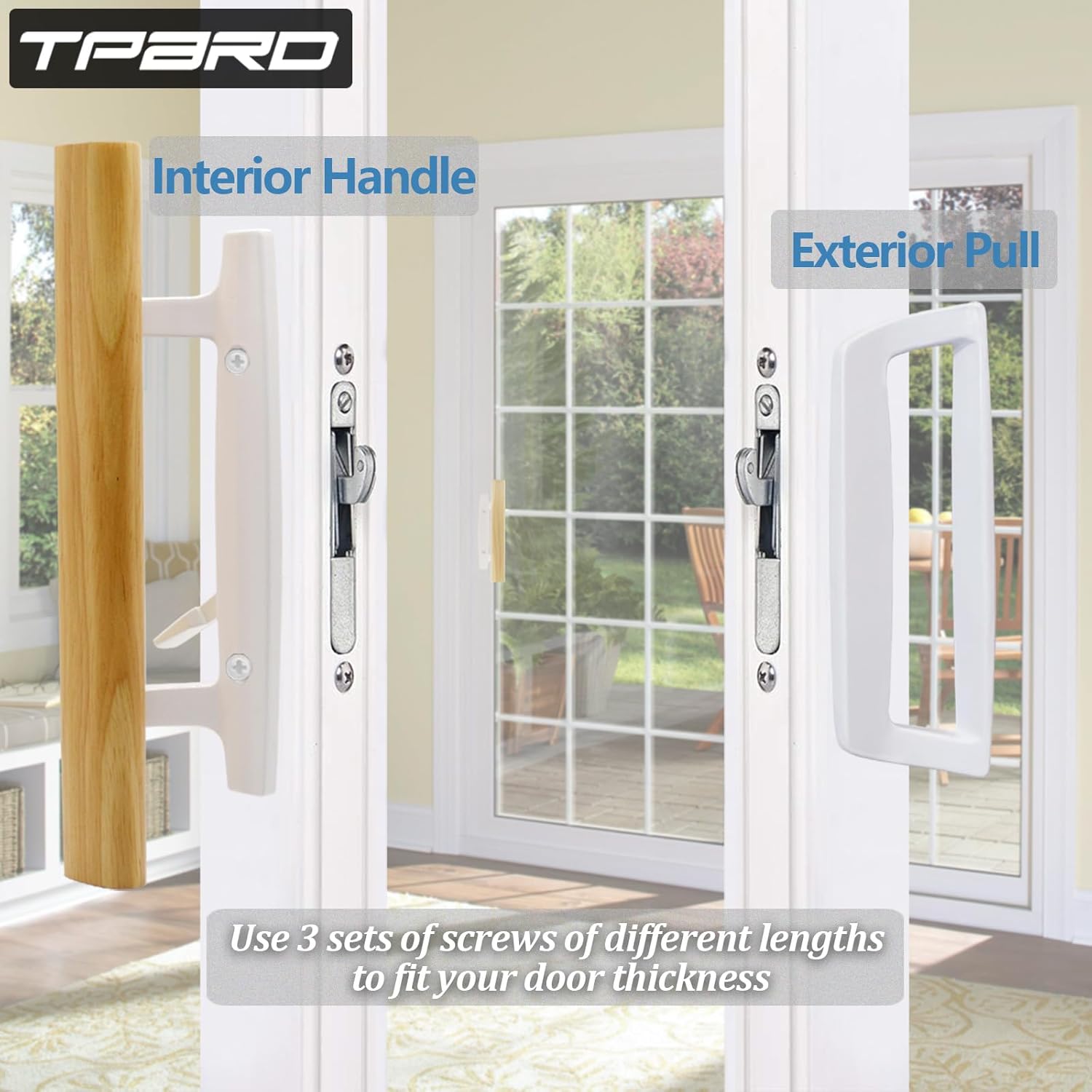 Sliding Glass Patio Door Handle Replacement Set with Oak Wood Inside Handles and Zinc Diecast Outside Pull, 3-15/16" Hole Spacing, Non-Handed, White