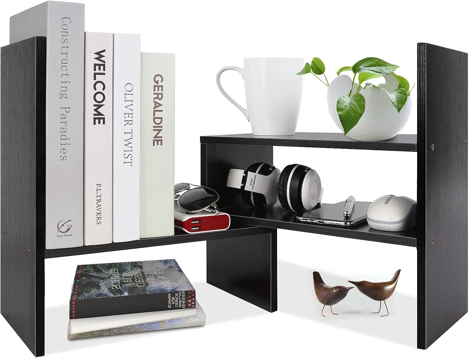 Desk Shelf Organizer, Wood Desktop Bookshelf Organizers and Storage, Small Desk Shelves for Office Supplies, Desk Organization for Study Room Simple Assembly Adjustable Table Shelf, Black : Office Products