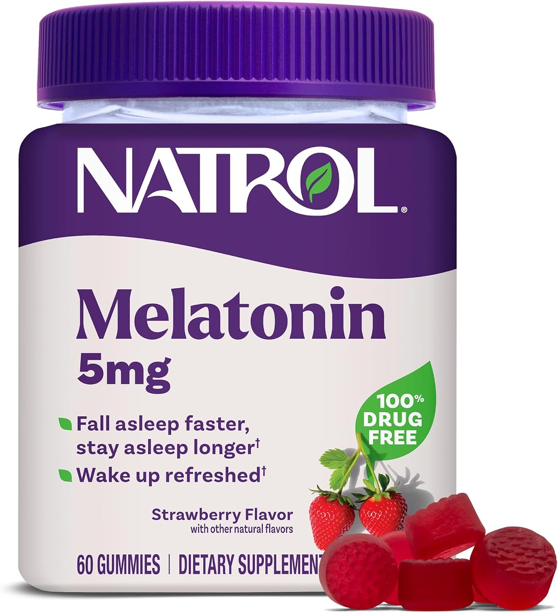Natrol Melatonina 5 mg gomitas, apoyo para dormir para adultos, 60 unidades | Suplemento para conciliar el sueño más rápido y permanecer dormido por más tiempo, despertarse renovado, 100 % libre de drogas, con sabor a fresa, suministro para 60 días