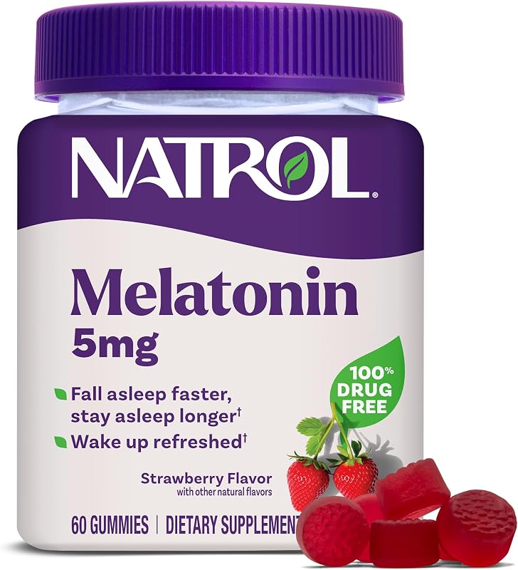 Natrol Melatonina 5 mg gomitas, apoyo para dormir para adultos, 60 unidades | Suplemento para conciliar el sueño más rápido y permanecer dormido por más tiempo, despertarse renovado, 100 % libre de drogas, con sabor a fresa, suministro para 60 días