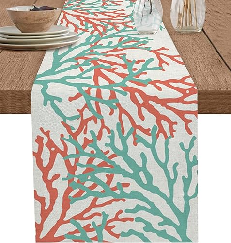 Miniatura 1 de Camino de mesa de coral verde azulado rojo coral de 120 pulgadas de largo, bufandas de vestir de granja, verano, océano, náutico, costero, rústico,