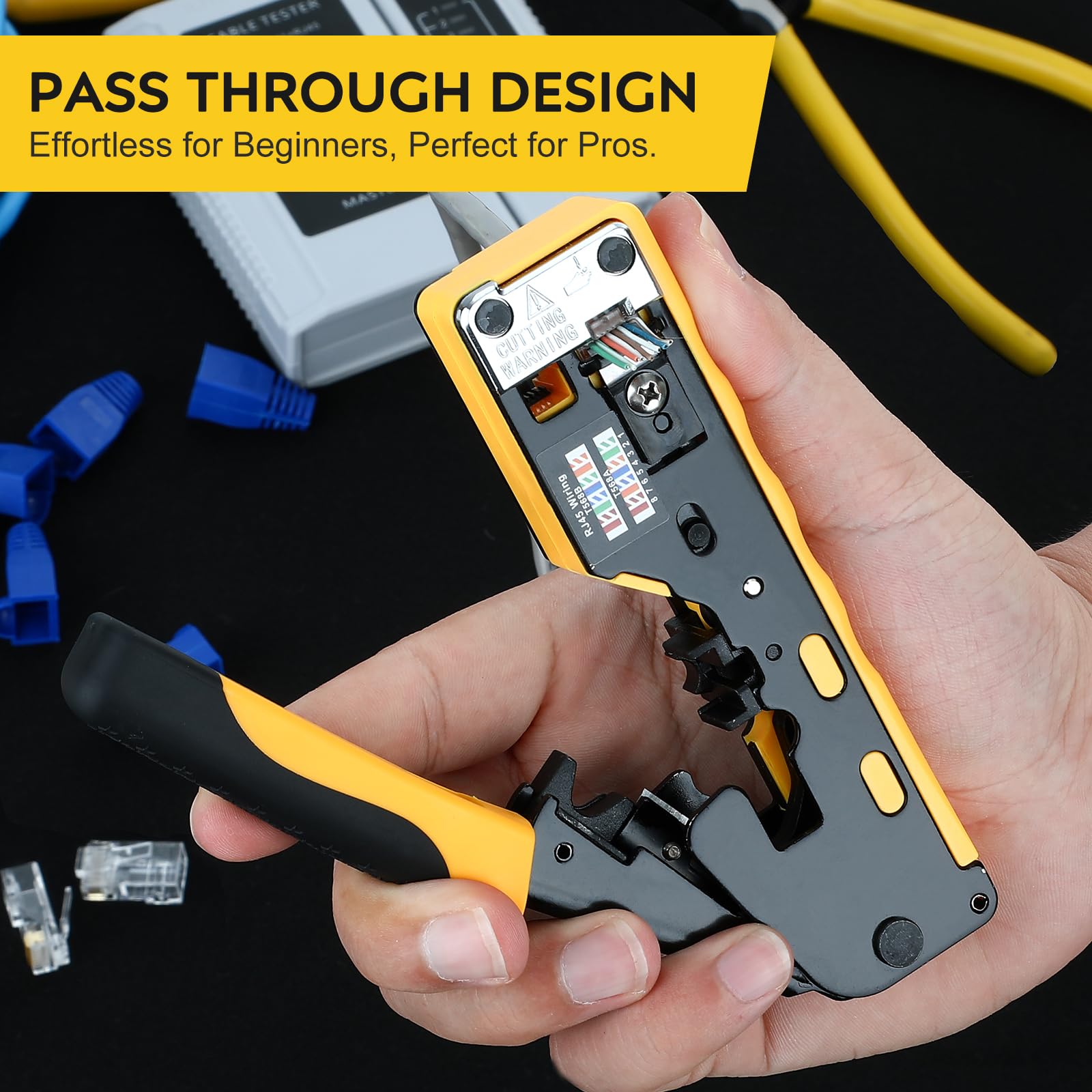 Crimpatrice passante, RJ45 CAT7, CAT7/CAT6/CAT5, RJ45, crimpatrice passante, crimpatrice RJ45, per connettori passanti Cat7, Cat6a, Cat5e (crimpatrice CAT7 08)