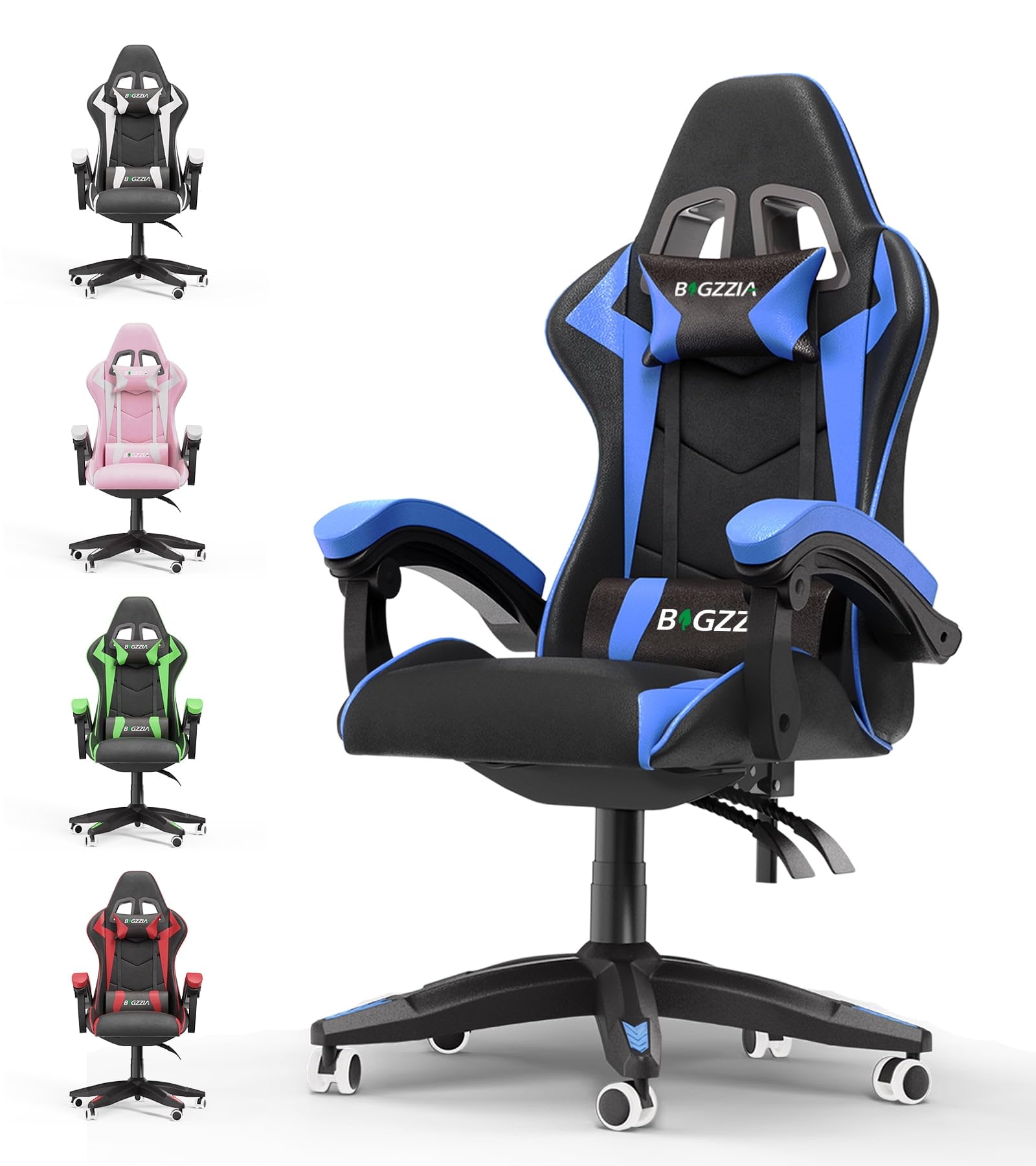 bigzzia Gaming Chair – Ergonomic Gaming Chair with Lumbar Cushion + Headrest – PU Leather Height Adjustable Office Chair – Gaming Chair for Adults Children – Blue — image 1