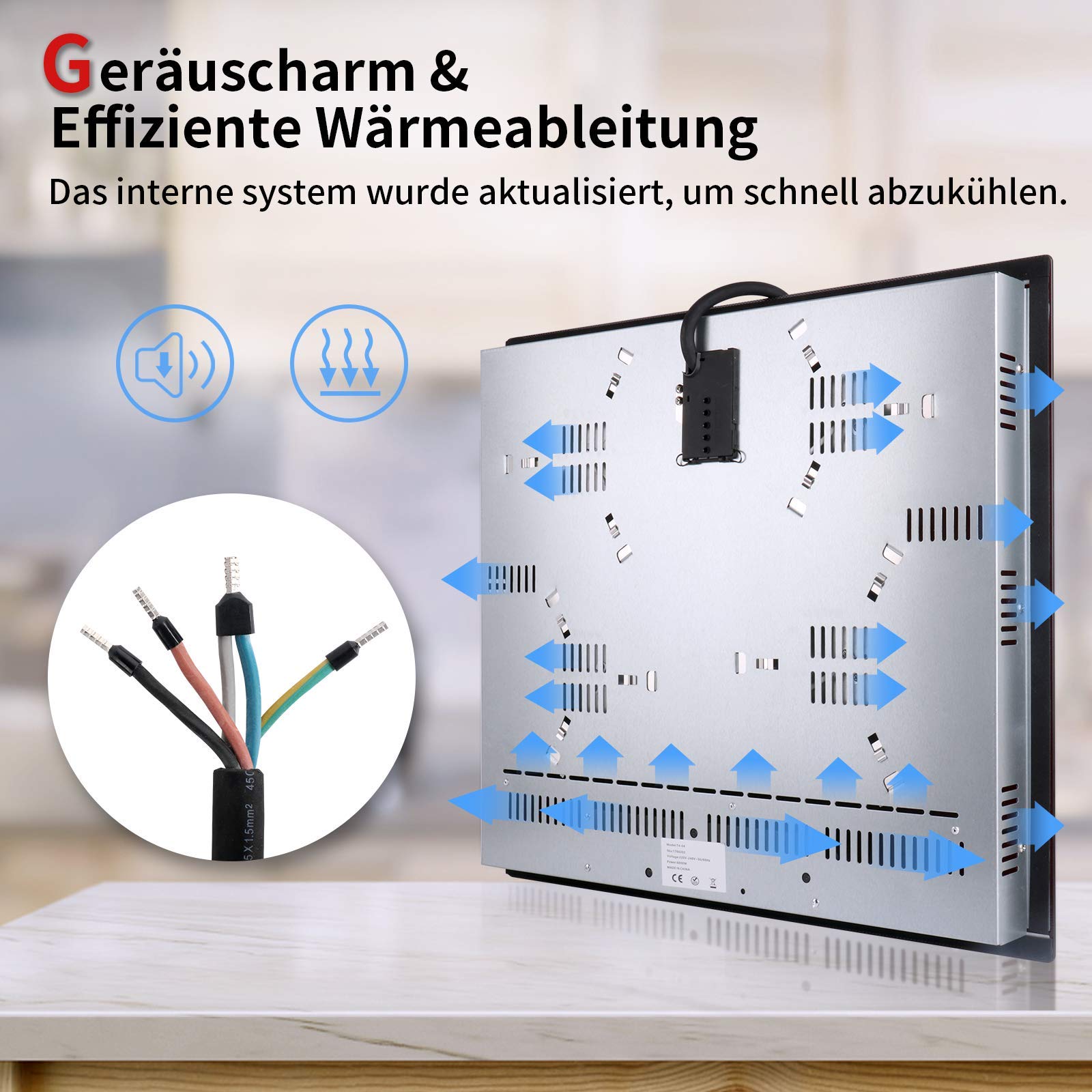 IsEasy Płyta grzewcza ze szkła ceramicznego, 6000W 59cm, 4 strefy gotowania, okablowanie, wbudowana elektryczna niezależna bezramowa, 9 poziomów grzania, pasuje do większości garnków