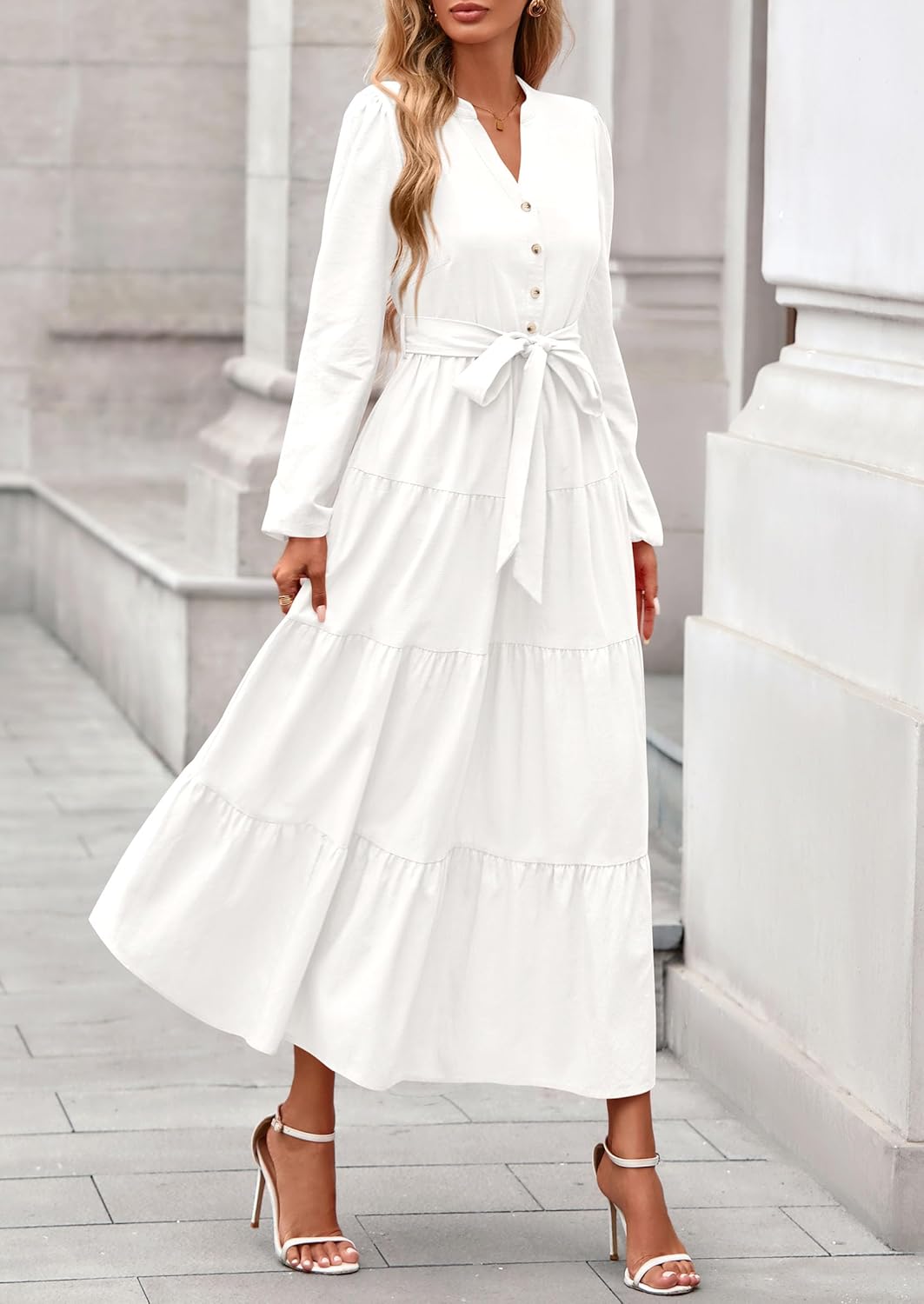 PRETTYGARDEN Maxi Dresses for Women Spring Long Sleeve V Neck Belted A Line Flowy Boho Wedding Guest Dress Pockets - Image 3