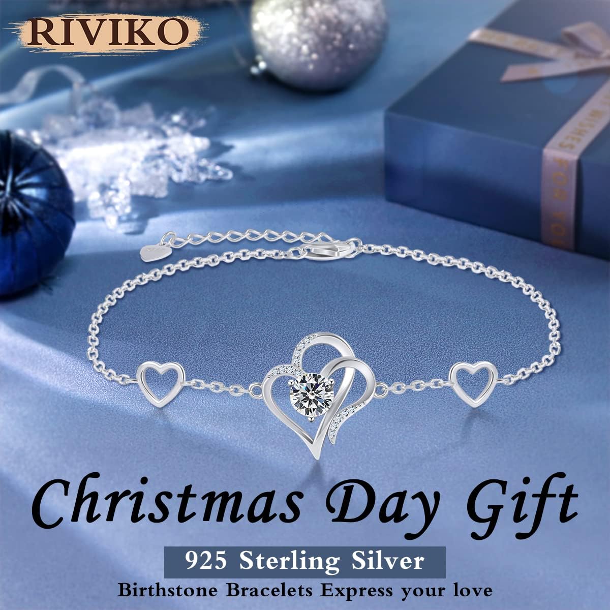 RIVIKO Love Heart Charm Bracelet For Women 925 Sterling Silver With Zirconia Birthstone Bracelets Adjustable Link for Mother Wife Sister Birthday Christmas Day Anniversary Jewelry Gift - Image 2