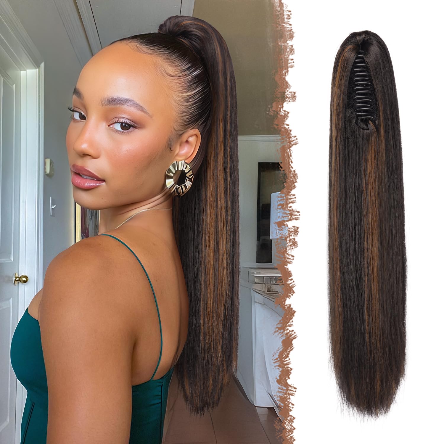 FESHFEN Queue de Cheval Lisse Pince - Postiche Cheveux Naturel Longue Raides Postiches Brun Foncé et Auburn Clair Synthétique Fausse Claw Clip Ponytail Extensions pour Femmes, 63 cm