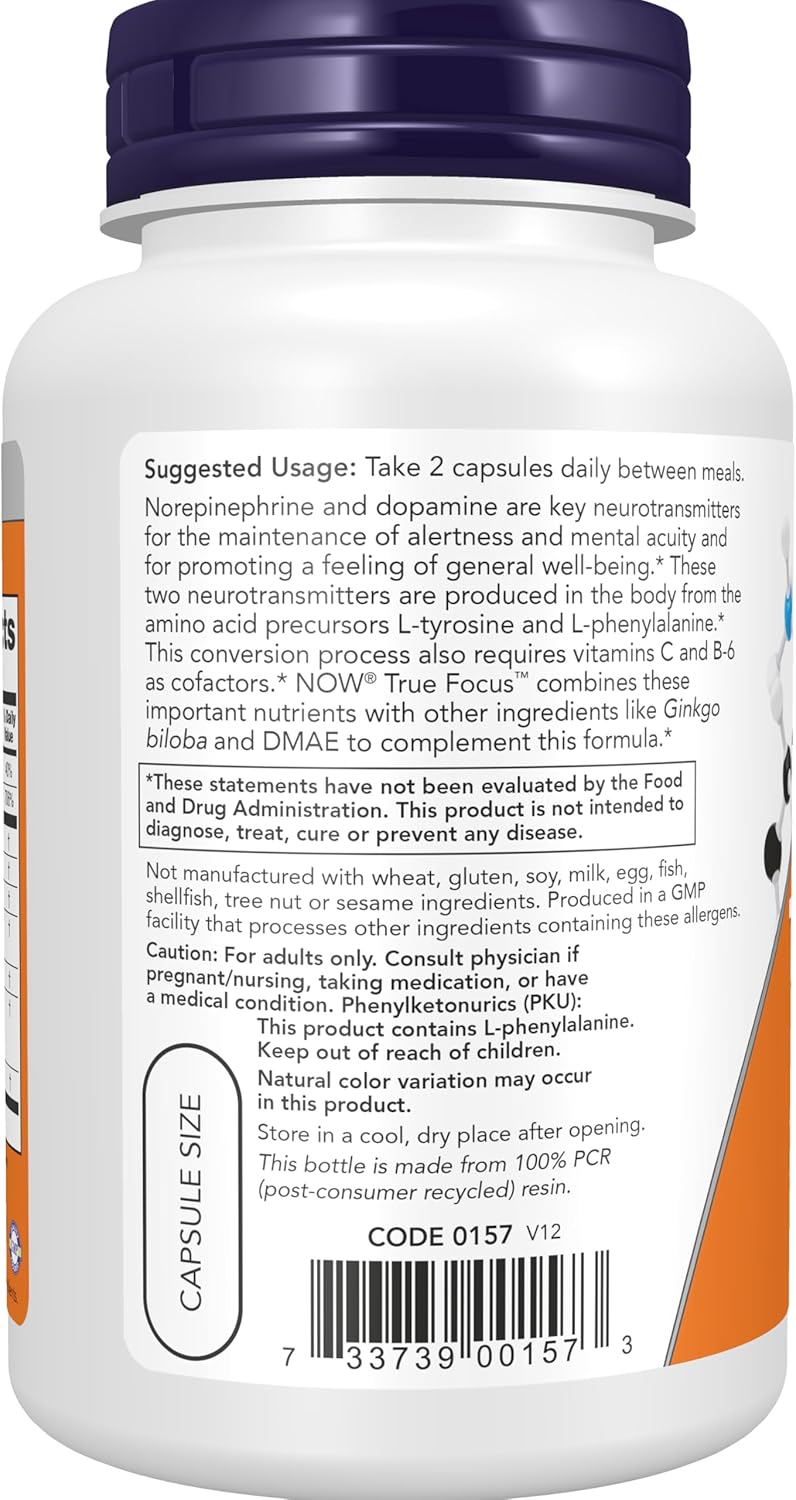 NOW Foods Supplements, True Focus™ with Amino Acids, Ginkgo, DMAE + CoQ10 and Grape Seed Extract , 90 Veg Capsules