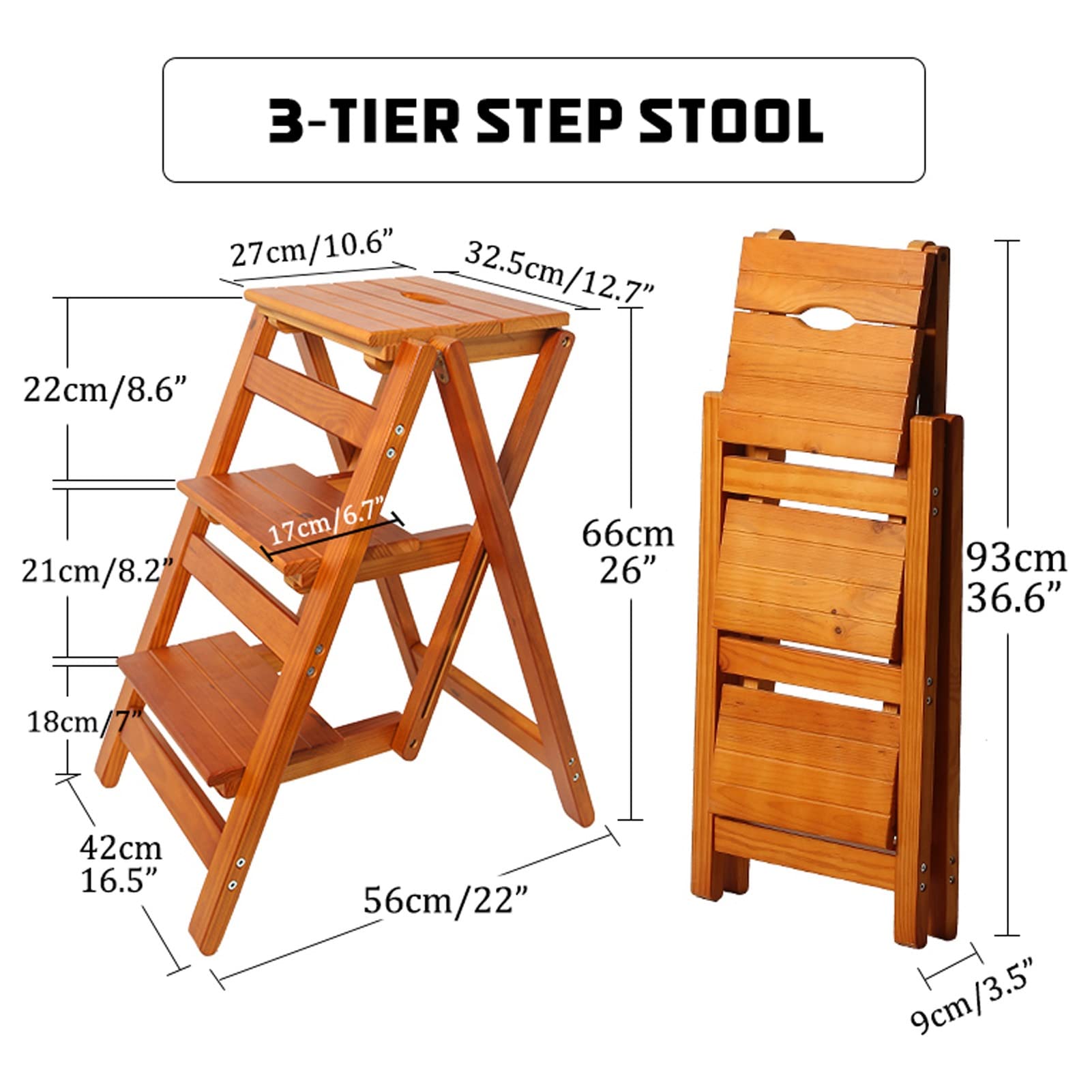 Robuster, klappbarer Tritthocker mit rutschfesten Füßen, 3-stufige Holzleiter für Zuhause, Büro, Badezimmer, maximale Tragkraft 227 kg, Stabiler und sicherer Klappstuhl