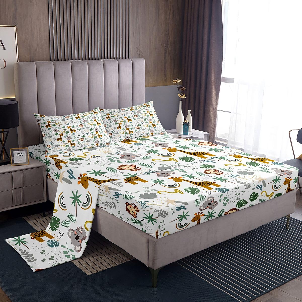 Cute Giraffe Monkey 4 Pieces Sheet With 26 Inch Deep Pockets Zoo Animal Bedding for Kids Boys Girls Teens Room Decor Cartoon Animal Bed Sheets Set King Size Wildlife Breathable Soft Microfiber