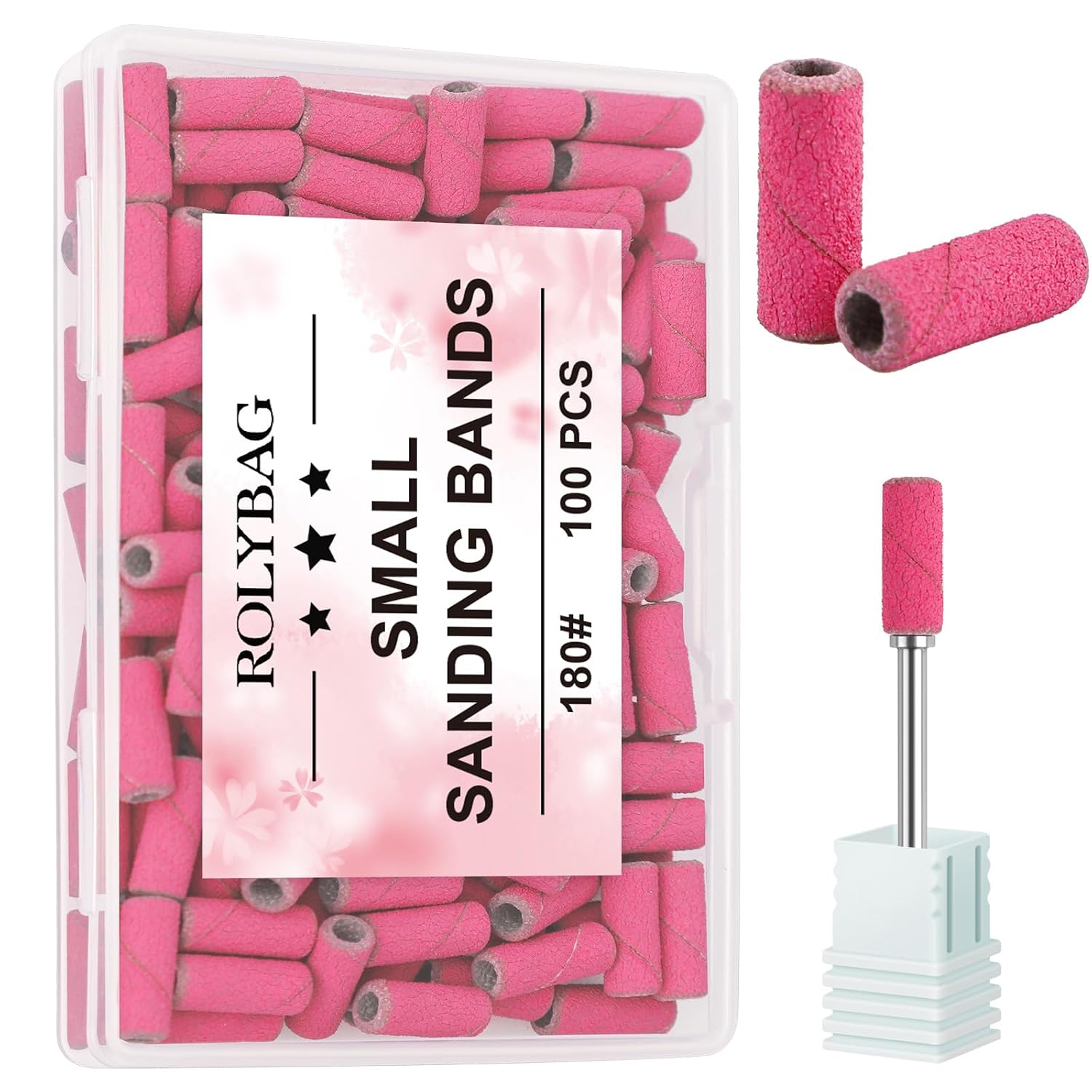 100pcs Small Sanding Bands Nail Drill Bits 180 Fine Grit Nail File Sanding Bands with 3.1mm Mandrel Bit for Acrylic Nails Gel Removing Shaping Professional Manicures and Pedicure, Rose Red