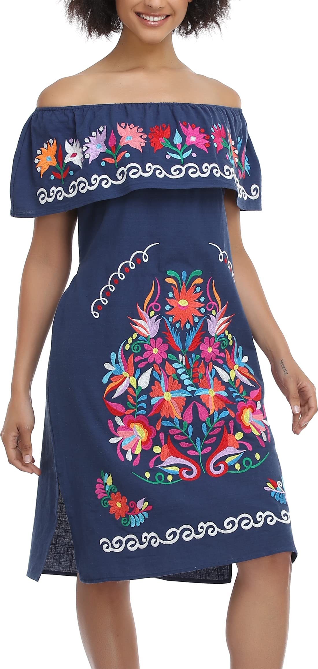 YZXDORWJ Women Mexican Embroidered Dress Ruffle Collar Sleeveless