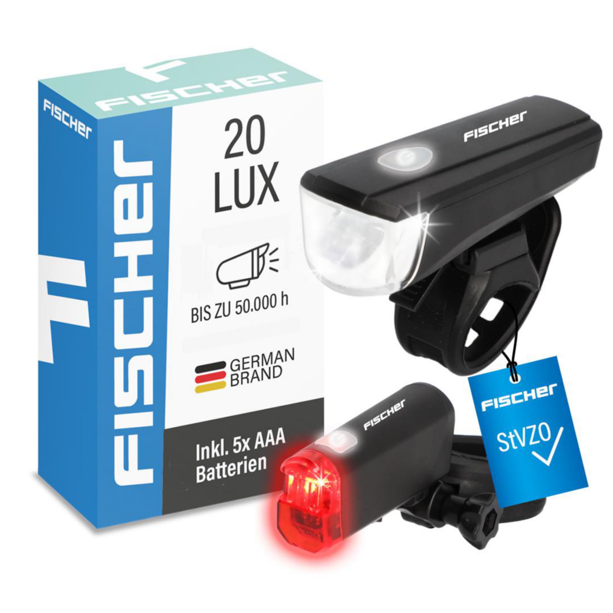 Fischer Zestaw oświetlenia LED do roweru, zestaw oświetleniowy z technologią LED, ochrona przed rozbryzgami wody, czarny, 1 sztuka