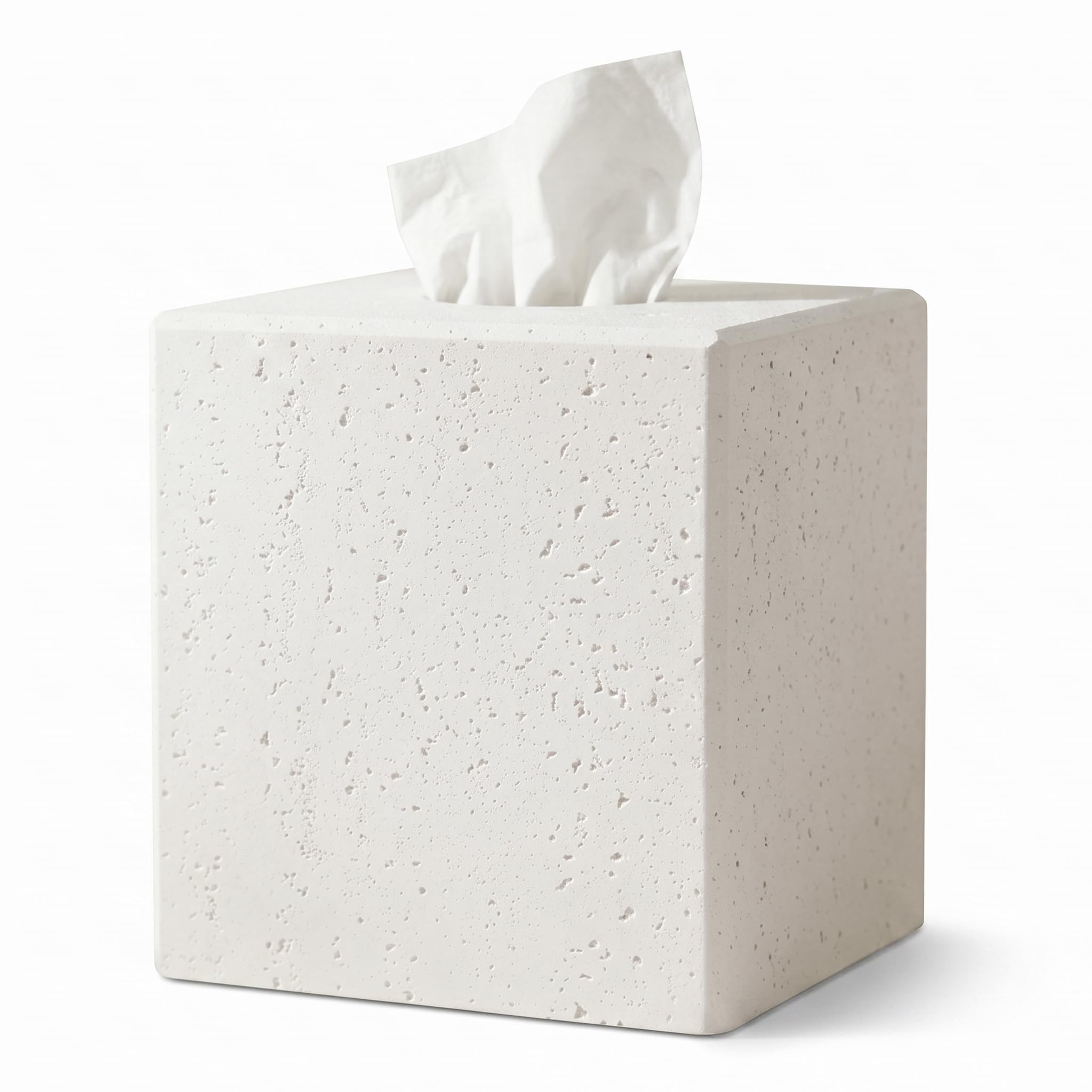 Modern Tissue Box Cover - White Square Decorative Holder with Travertine Effect & Removable Magnetic Base Lid, Heavy Tissue Box Holder for Bathroom Countertop Vanity Office Bedroom Home Decor