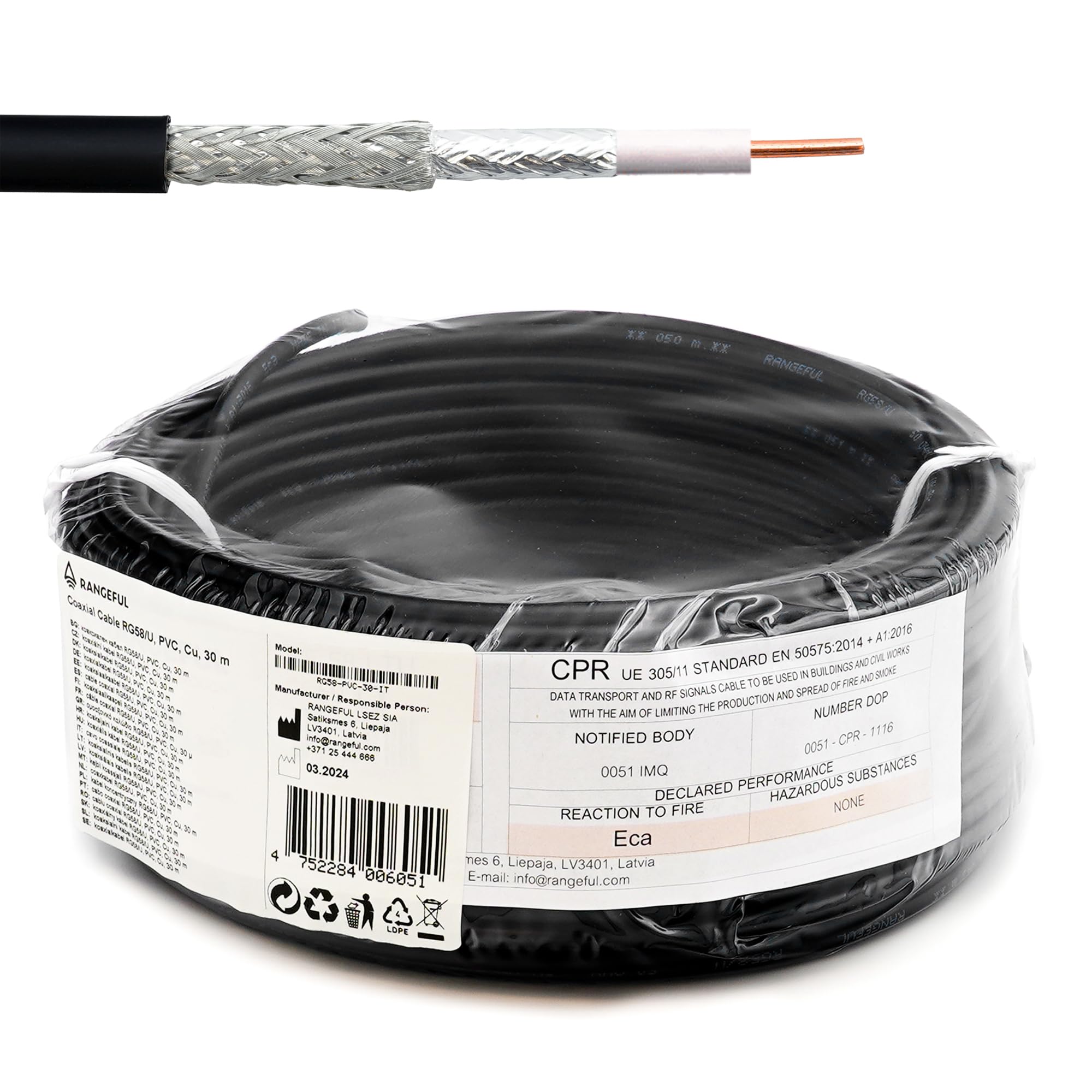 RANGEFUL RG58 Coaxial Cable 30m 98ft — Low Loss 50ohm RF Extension Coax — Compatible with N Type SMA BNC TNC PL259 FME connectors — for WiFi VHF UHF CB Radio HAM Router Antenna 4G 5G — Made in Italy
