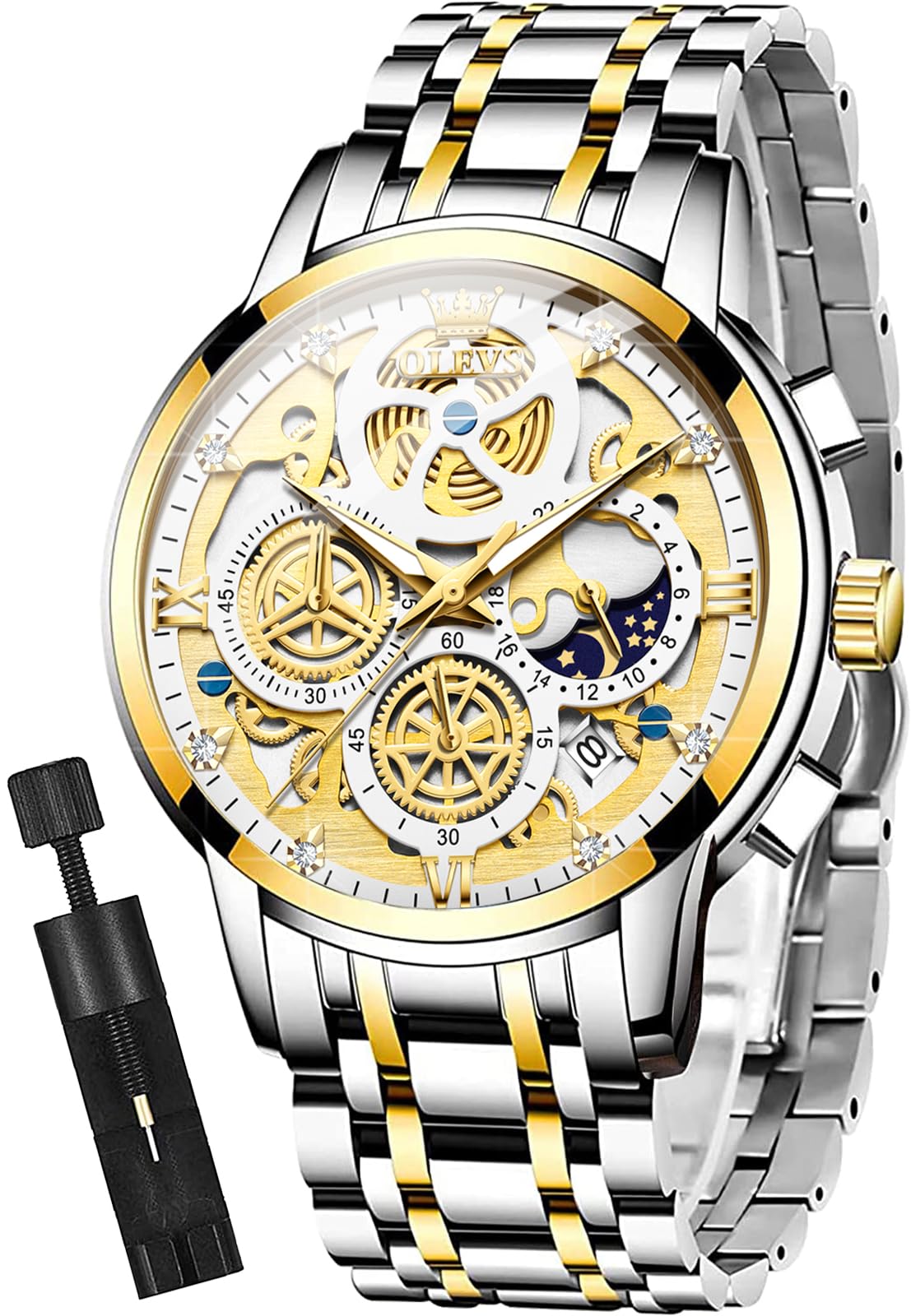 OLEVSMens Watch Chronograph Luxury Diamond Dress Business Analog Quartz Wrist Watches Stainless Steel Waterproof Luminous