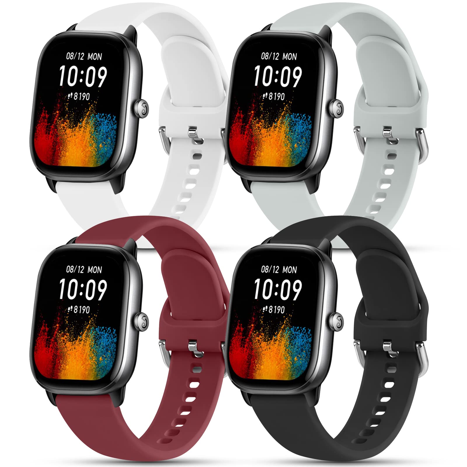 4 Pack Bands for Amazfit GTS 4 / GTS 4 Mini / GTS 3 / GTS 2 / GTS 2e / GTS 2 mini, 20mm Quick Release Soft Silicone Sport Replacement Watch Strap for Amazfit Bip 3 Pro / Bip 3 / Bip U Pro / Bip / Bip