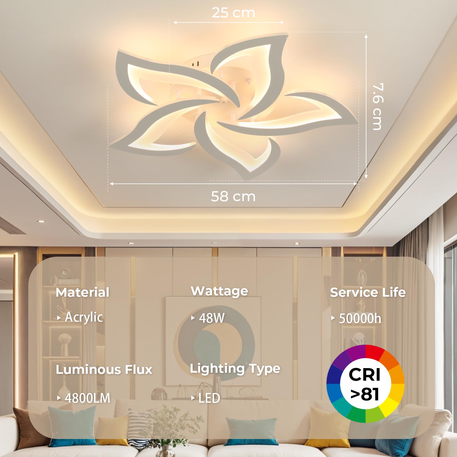 OTREN Lampadario Camera da Letto Moderno 60cm 48W, Plafoniera LED Soffitto Dimmerabile con Telecomando, 3000K–6500K, Luce Notturna, Timer e Funzione Memoria, Design a Petali, per Soggiorno e Cucina