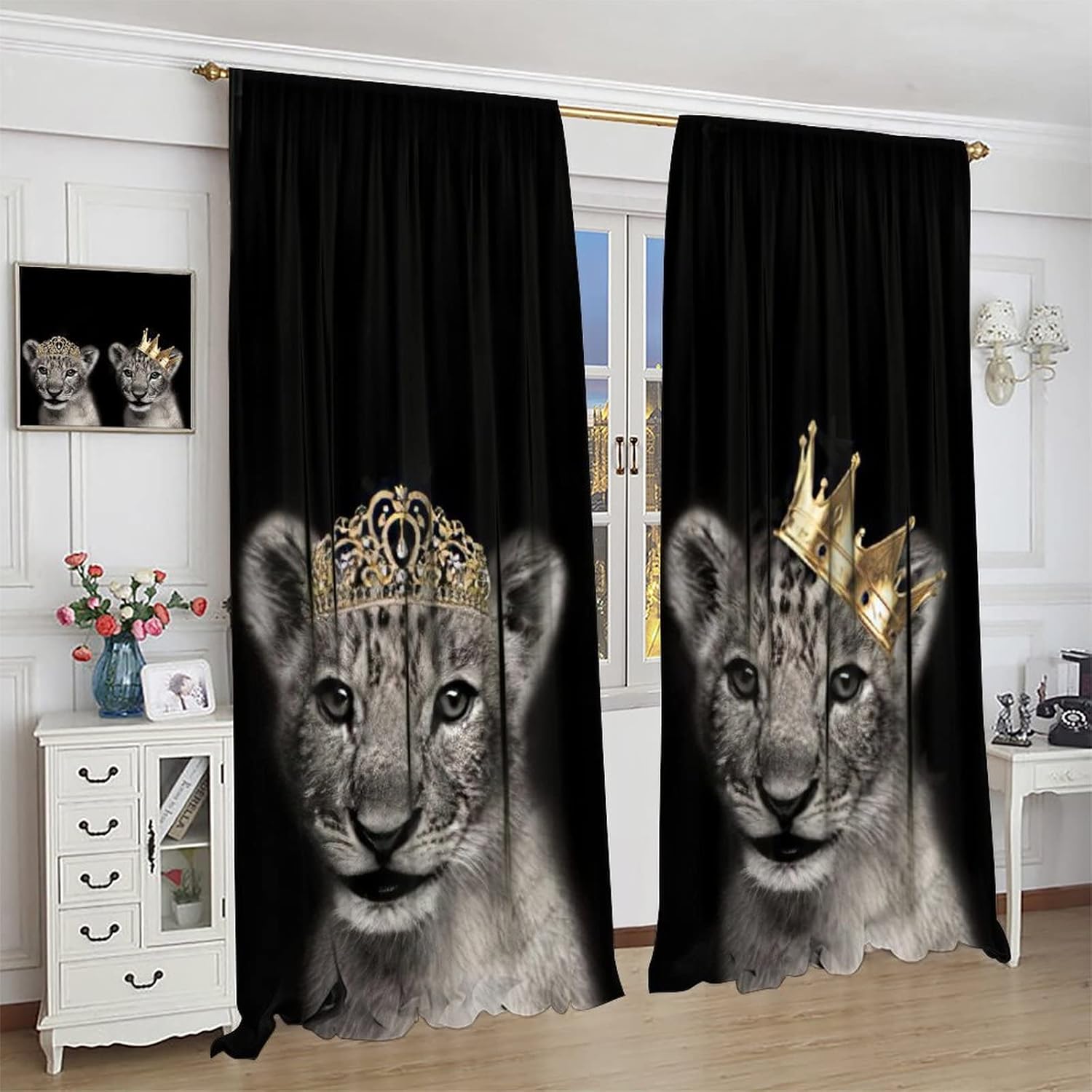 Lion King Queen Curtains, Royal Lions with Crowns Primal Kingdom Lion Princess Blackout Rod Pocket Windows Door Curtain for Bedroom Living Room Home Decro 42x45in