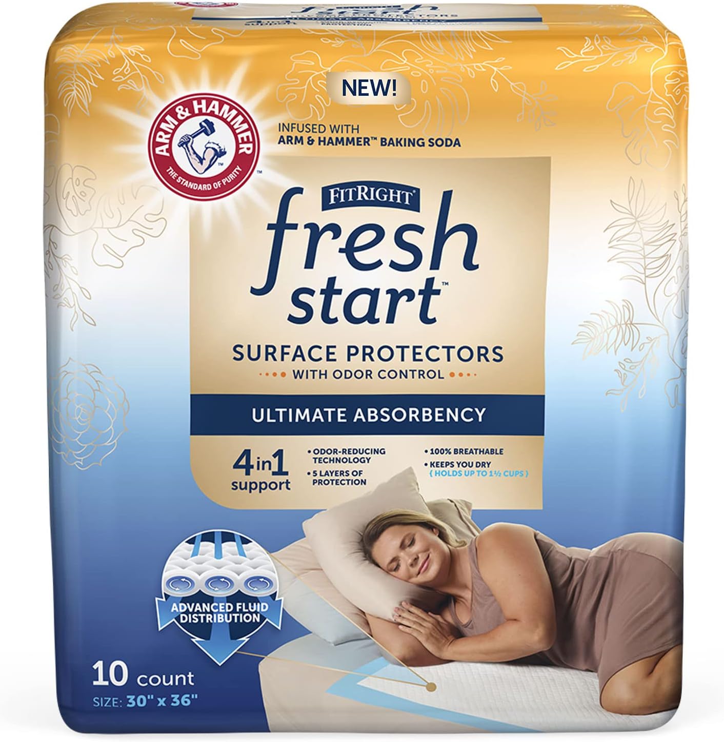 FitRight Fresh Start Disposable Underpads 30" x 36" (10 Count) Bed Pads for Incontinence, Absorbent Chucks Pads with The Odor-Control Power of ARM & Hammer (10 Count, Pack of 1)