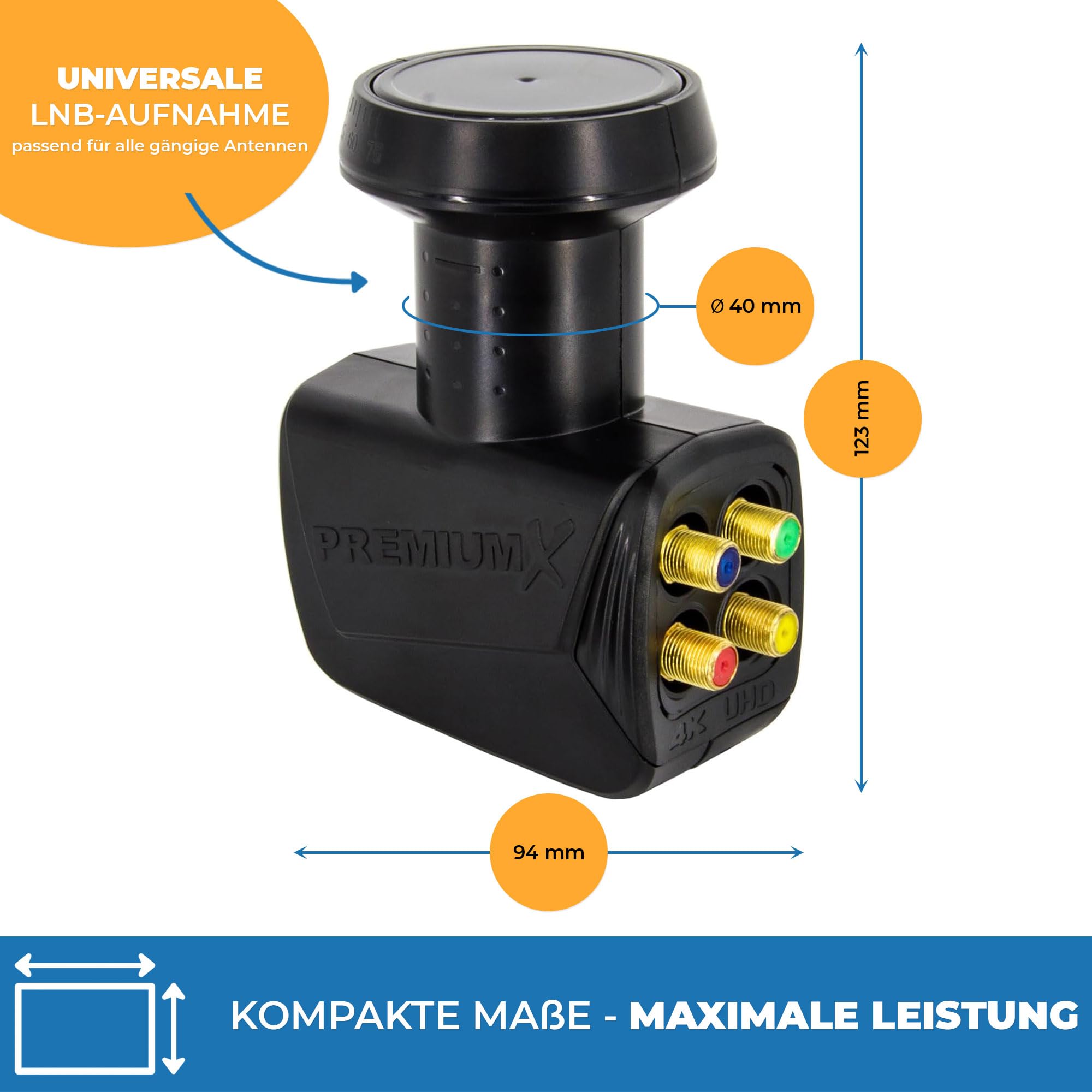 PremiumX Quad LNB para 4 usuarios: Convertidor de señal de TV con protección contra el Clima, LNB Satélite Digital en Negro con 8 Conectores F incluidos. Compatible con DVB-S2 8K UHD 4K Full HD