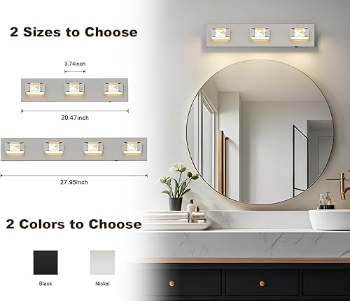 Miniatura 5 de Joossnwell Lámpara de tocador de baño de níquel cepillado de cristal 5CCT regulable sobre el espejo (3 luces, 20.47 pulgadas) LED modernas luces de