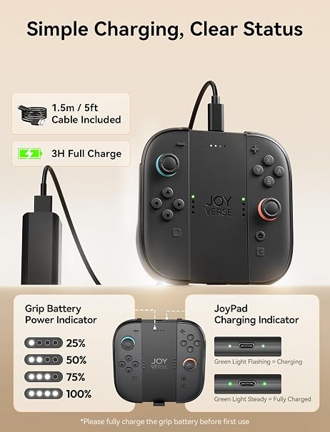 JSAUX Battery Charging Grip for Switch 2 JoyPads with Front Cover