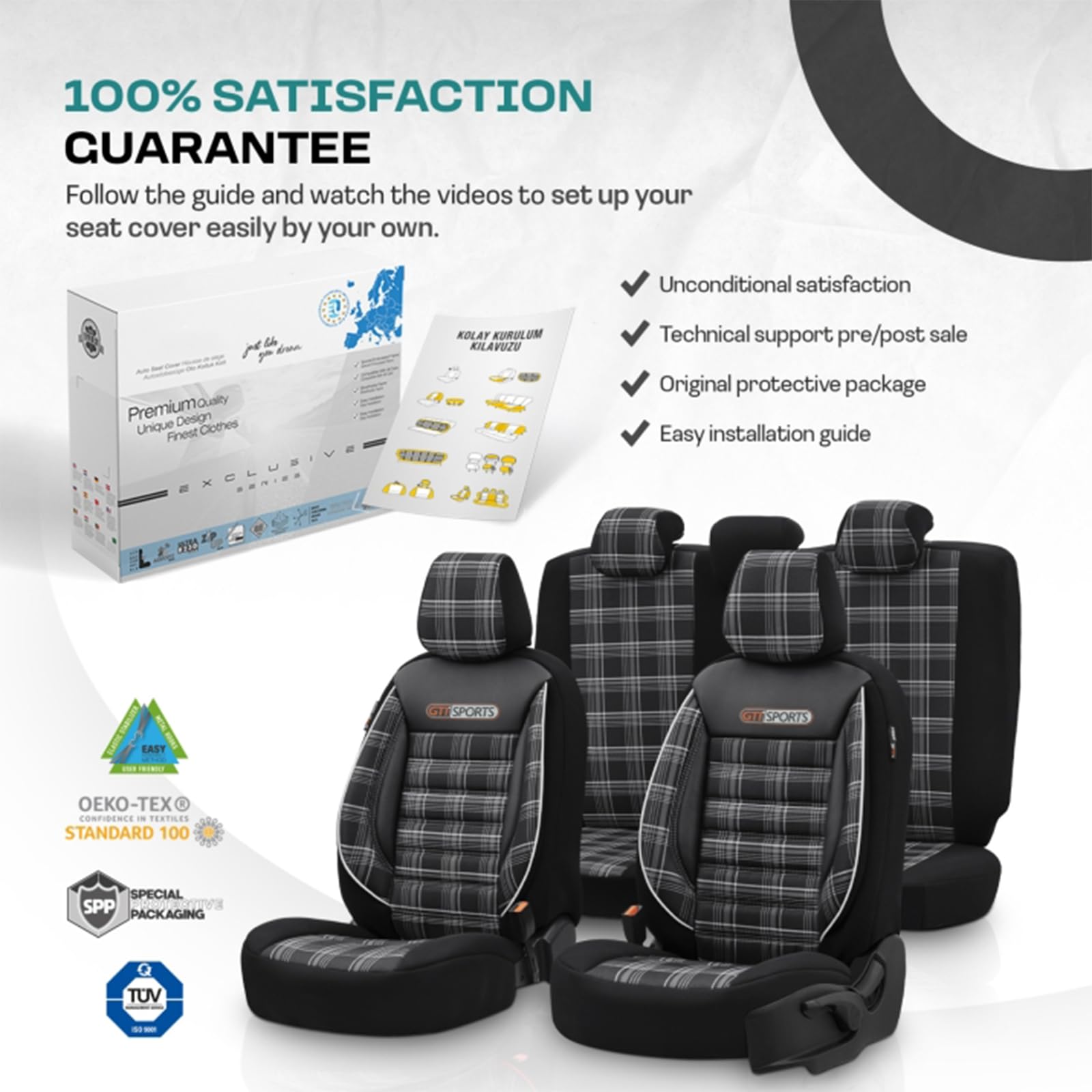 Lot complet de housses de siège de voiture universelles pour voiture et SUV - Pour sièges avant et banquette arrière - GTI Sports - Noir et blanc