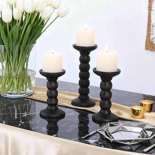 Miniatura 7 de Portavelas de madera maciza, 3 portavelas rústicos negros para velas de pilar, portavelas decorativos, portavelas de madera envejecida, tamaño
