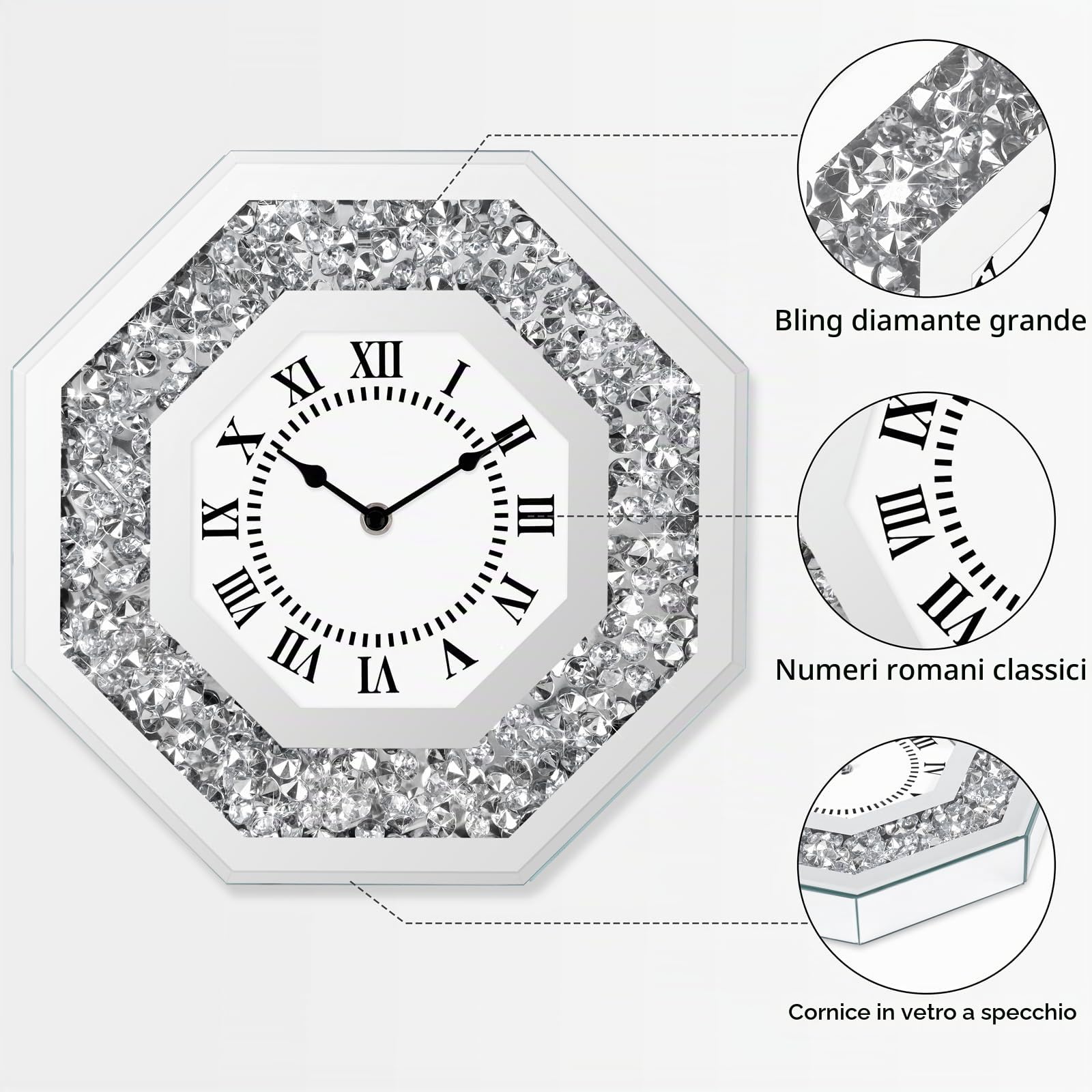 Orologi da parete Moderni per Soggiorno, Orologio da parete con Glitz senza Ticchettio Argento, Orologio da parete Diamante di Lusso Ottogonale da 30 cm, Orologio con Cristalli Glitz con Meccanismo al