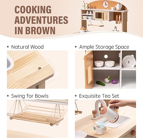 Miniatura 3 de ROBUD - Cocina de juguete para niños pequeños, cocina de madera con accesorios realistas y muchas funciones de juego, para niñas y niños, regalo