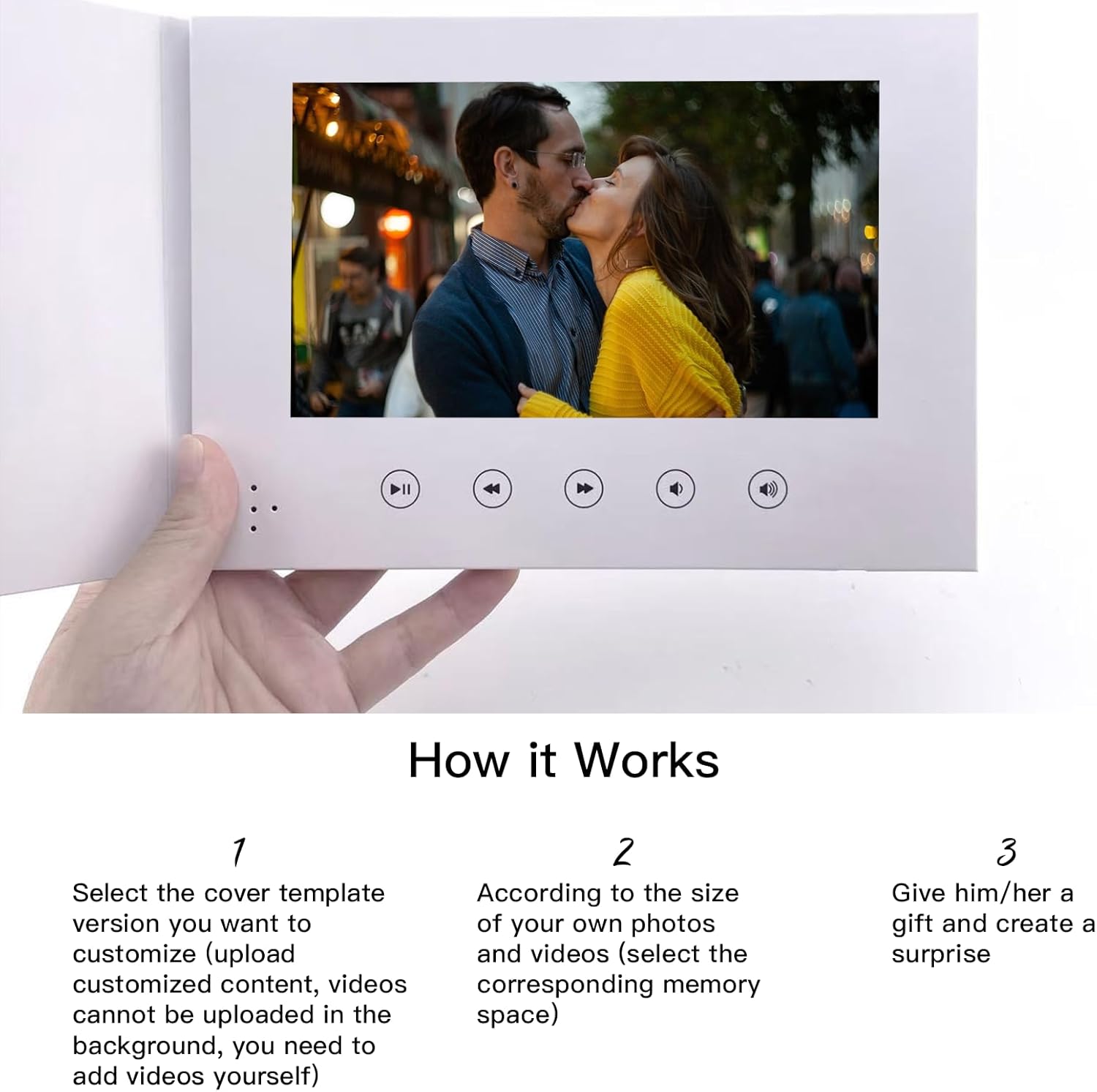 Wedding Video Book, Custom Cover,Customized Mother's Day Gifts Couple's Gift,Birthday Gifts,Custom Music Plaque,Personalized Gift, 7 Inch IPS Display, Up to 3 Hours of Video, White, Wedding Gift