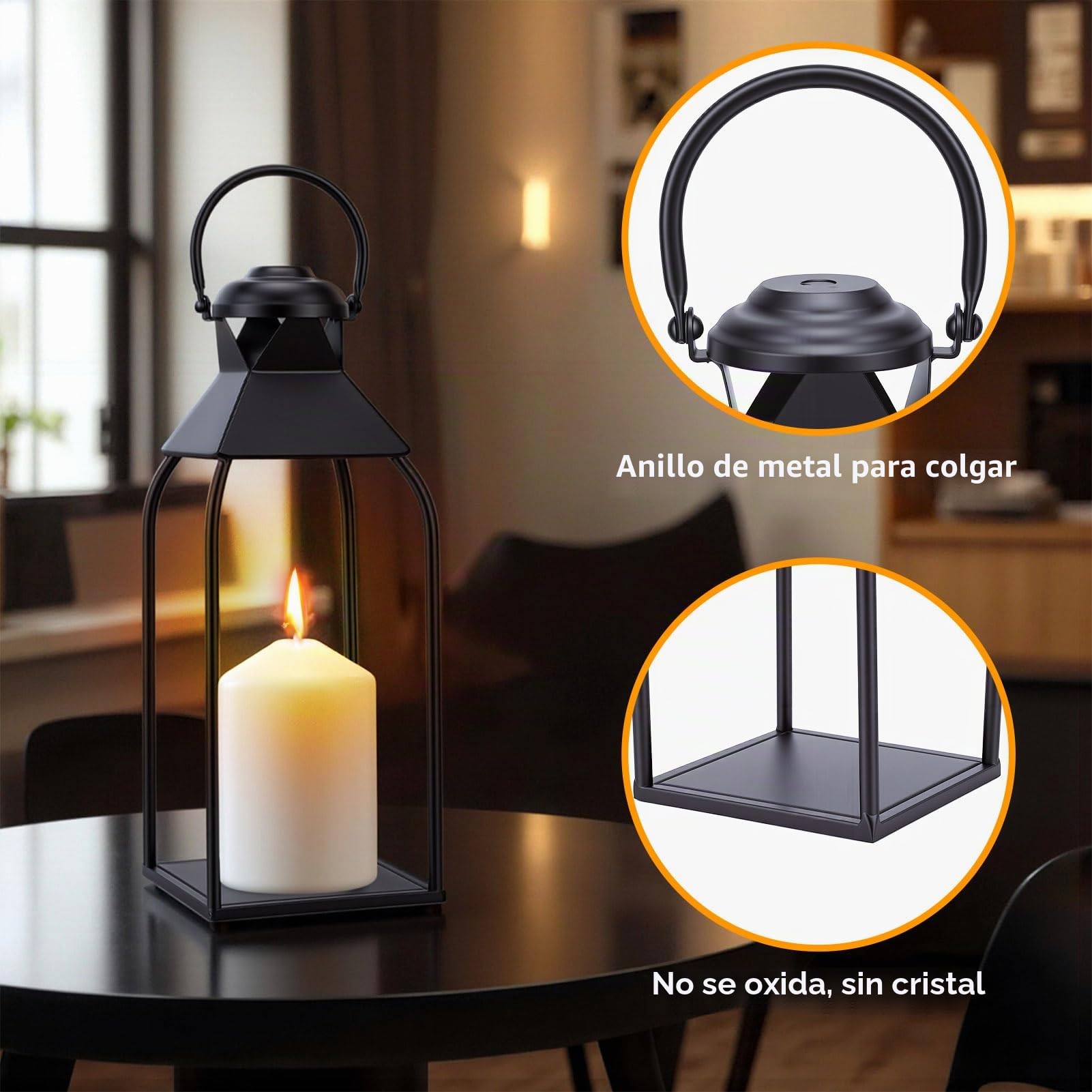 Gugxiom Farolillos de metal para interior y exterior, juego de 3 farolillos de jardín negros, sin cristal, para salón, terraza, balcón, decoración de boda de Navidad en interiores (44 + 35 + 25 cm)