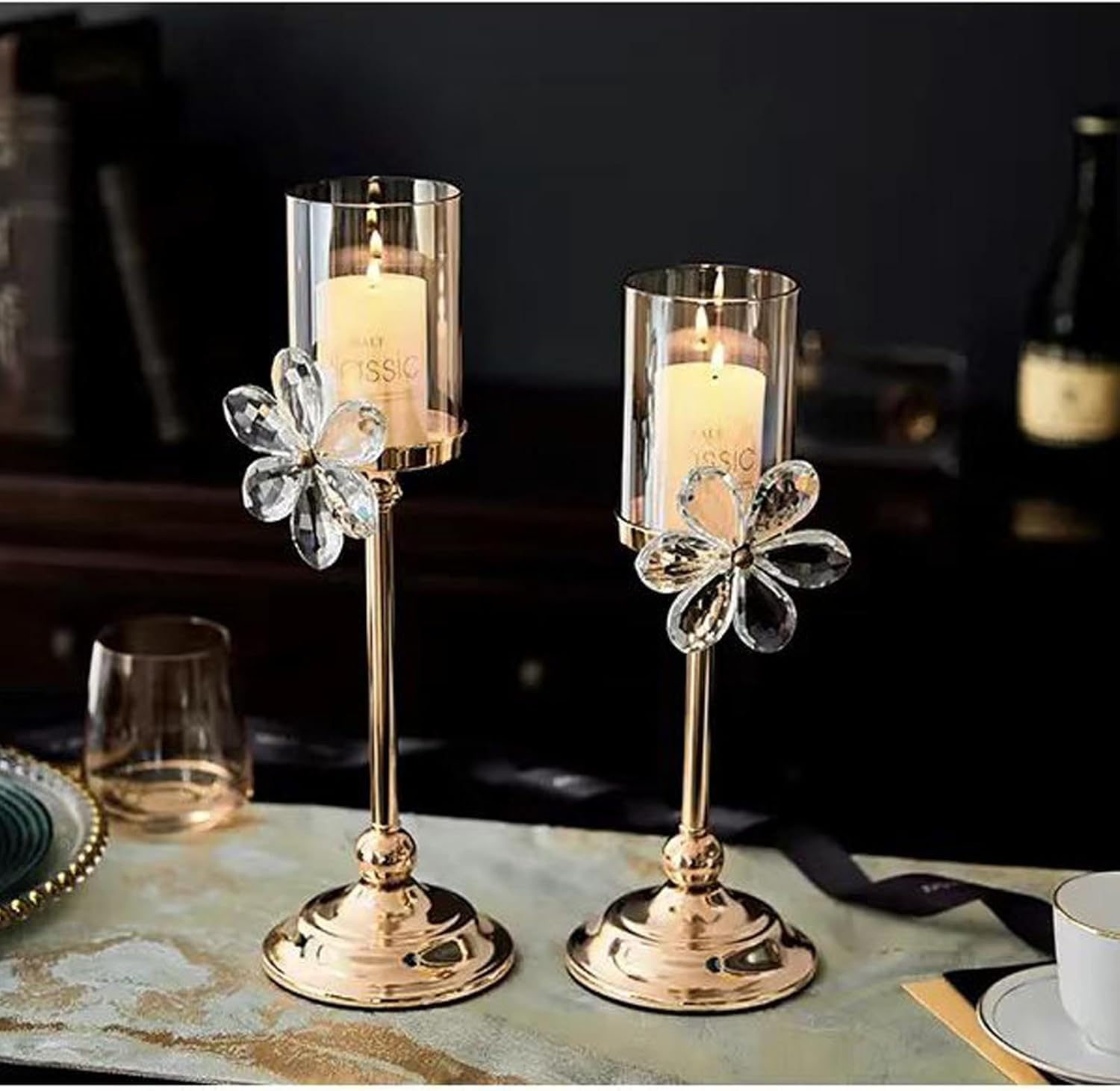 Gold Windproof Hurricane Pillar Candle Holders - Metal & Clear Glass Indoor/Outdoor Table Centerpiece for Wedding, Christmas, Party & Home Decor