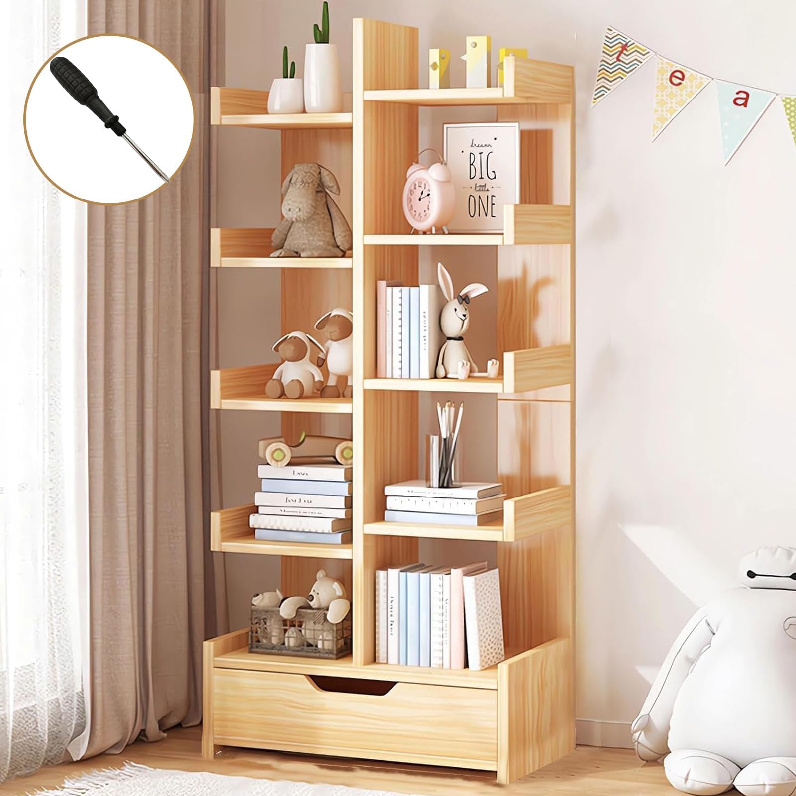 Tree Bookshelf - 10 Shelf Modern Floor Standing Bookcase, Free Standing Tree Bookcase with Drawer,for CDs/Movies/Books, Utility Book Organizer Shelves for Bedroom, Living Room, Home Office(Walnut)
