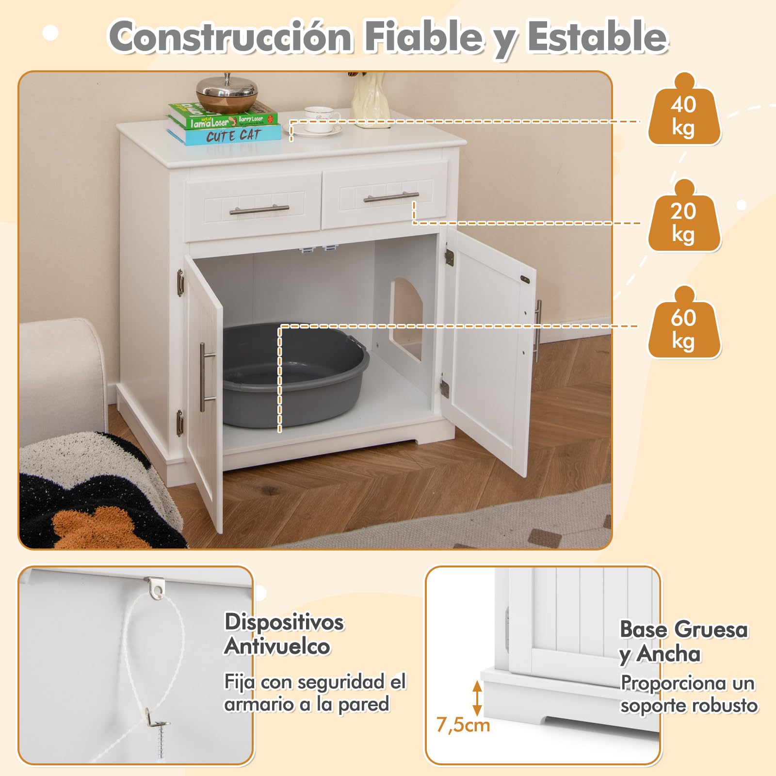 GOPLUS Mueble para Arena de Gatos 3 en 1, Casa Oculta de Madera para Mascotas con 2 Cajones, Puertas Dobles y Entrada Lateral, Armario Moderno para Gatitos de Interior para Sala de Estar, Blanco