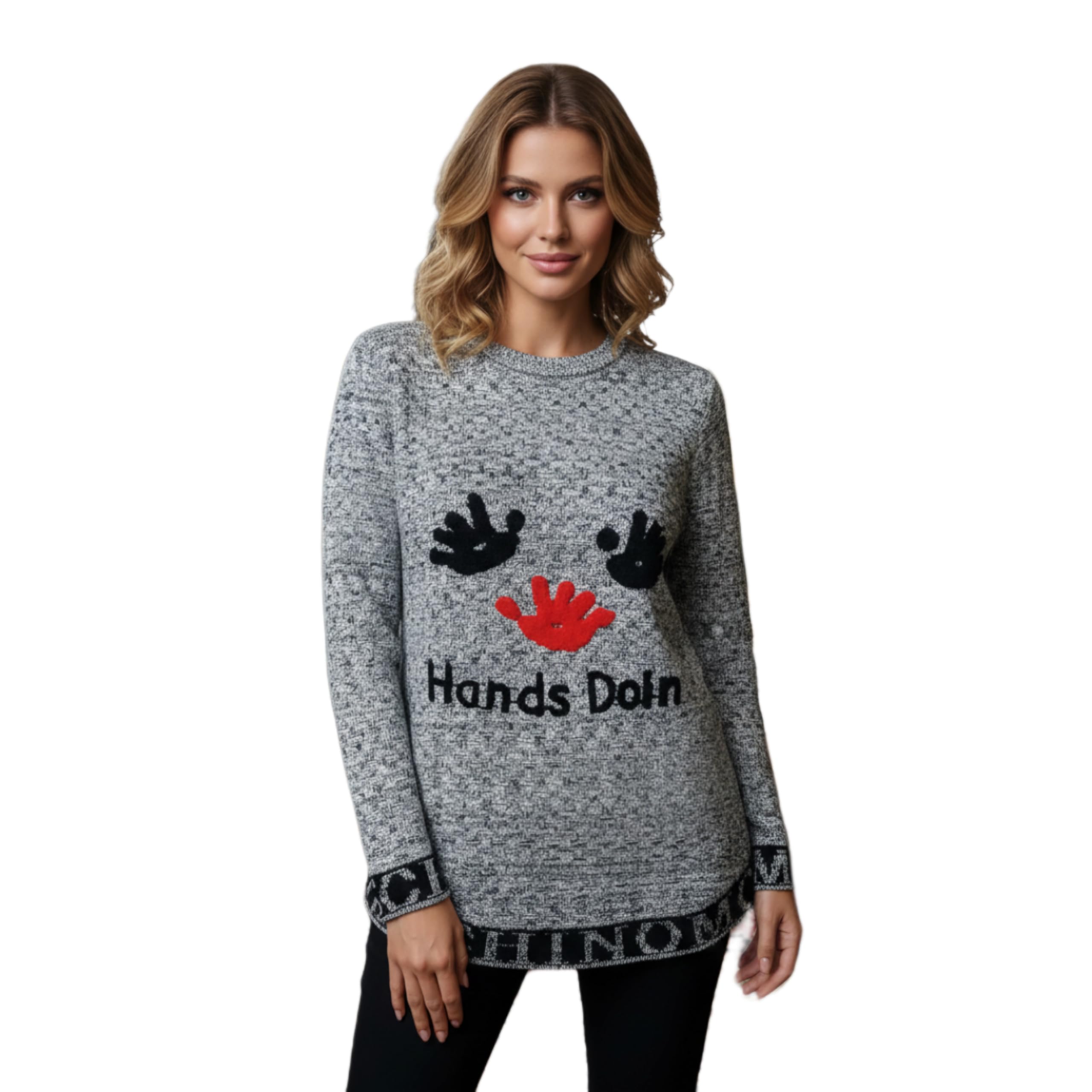 KD Fashion Collection Women's XL Relaxed Fit Melange Grey Knit Tunic Sweater with Graphic Handprint Design and Typography, Long Sleeves, Regular Length Pullover-image-27