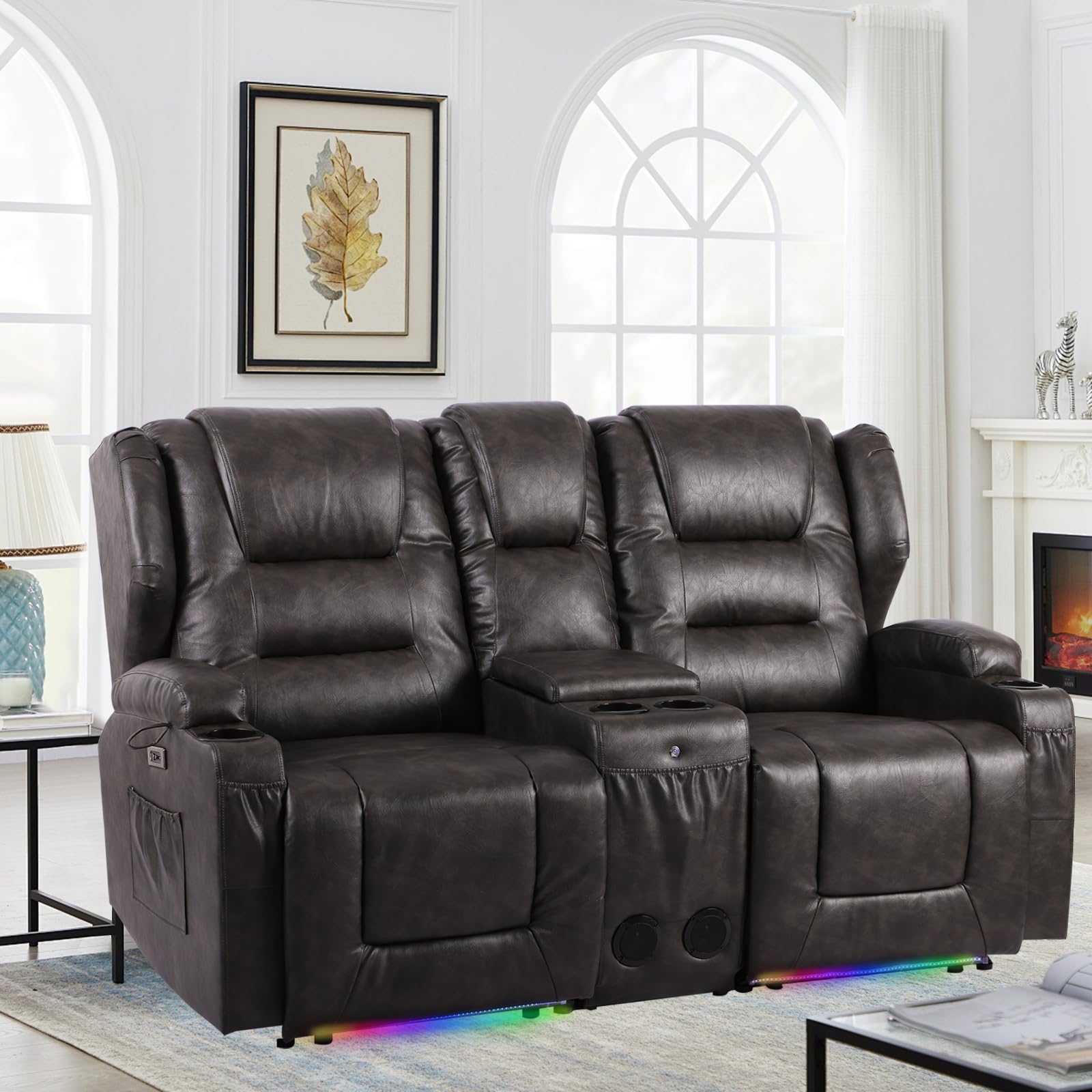 SAMERY Loveseat Recliner Sofa, Power Recliner Loveseat Reclining Sofa with Console, Modern Leather RV 2 Seater Dual Recliner Chair Sleeper Loveseat Sofa Couch Home Theater Seating with USB/LED