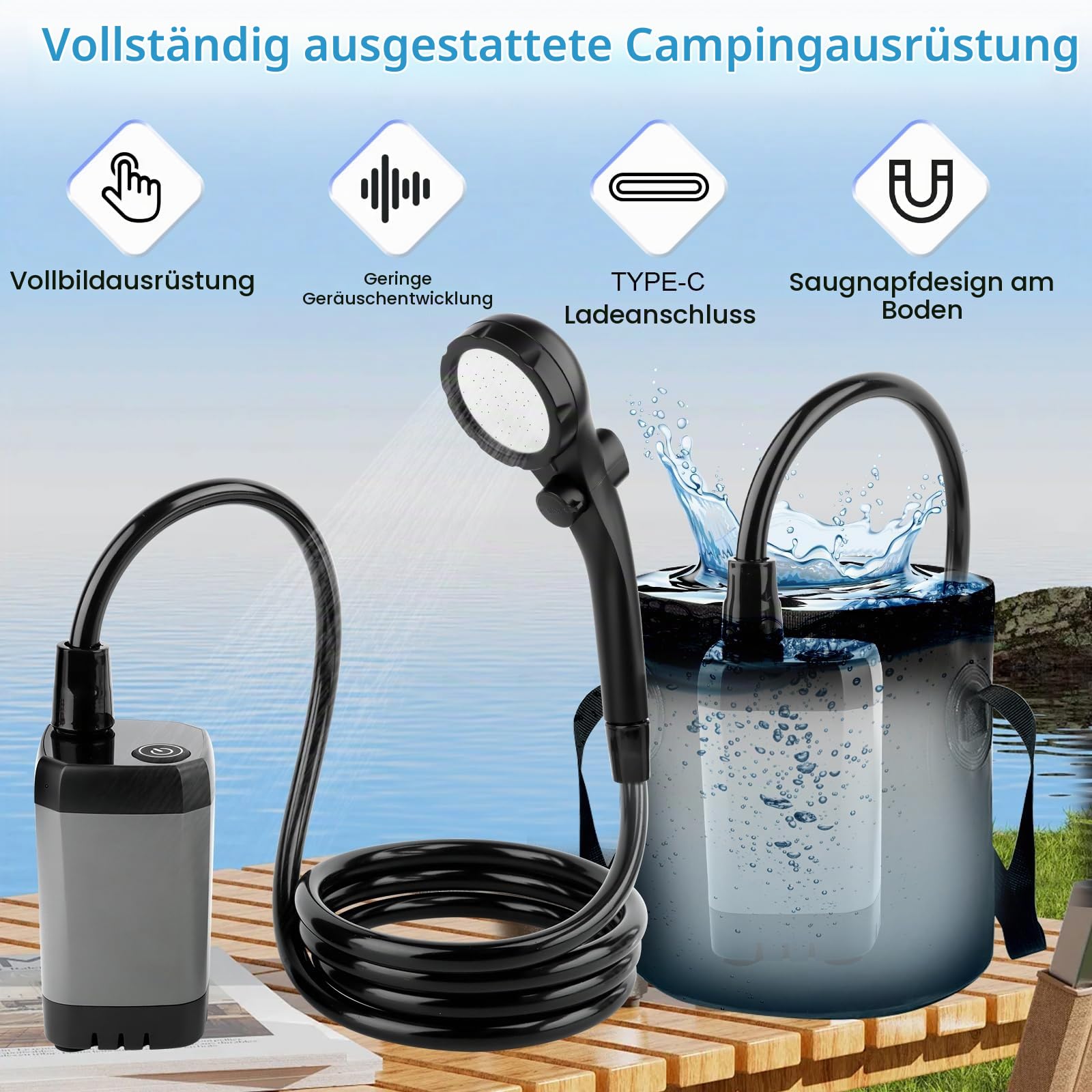 camping dusche pumpe Tragbare Campingdusche Akku mit Pumpe, 6000mAh Akku mit Pumpe, Mobile Duschen Außenduschen mit Duschkopf und Schlauch mit Foldable Bucket , für Camping Reisen Garten Wandern Autowaschen Sport & Kids 90–115 cm Colour:Transparent/Frame AQUAMARINE Fidlock® SNAP Magnetverschluss 15