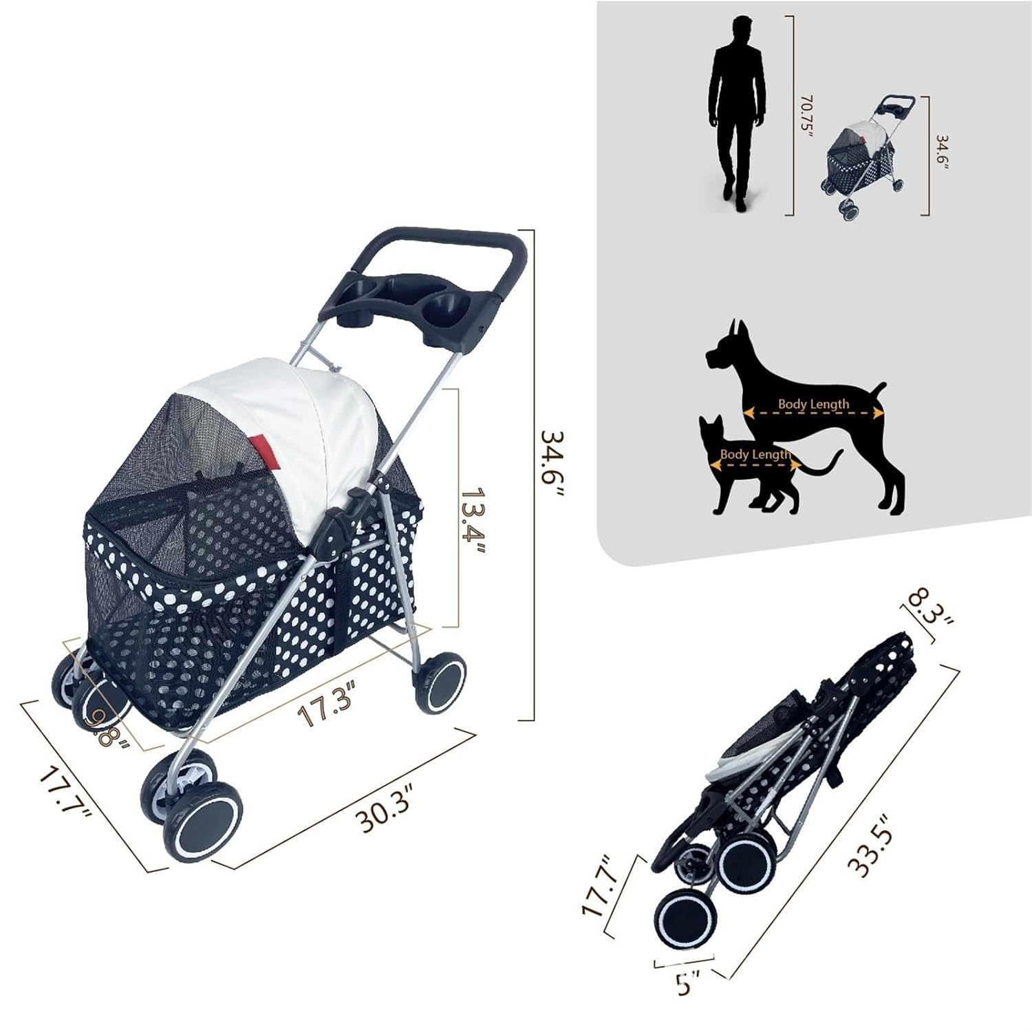 Cat Litter Box Cats and Dogs Outdoor Portable Folding Pet Cart, Car and Small Black Dot Pattern