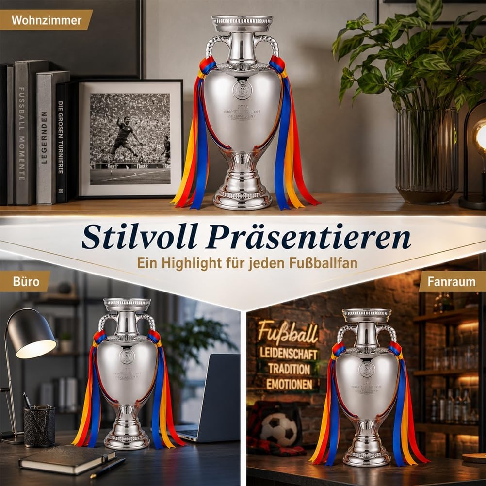 Europa Meister Pokal Replik aus Harz mit Galvanisiertem Silberlook | Fußballpokal Sammlerstück für Vitrine,Fanraum,Ideal als Sportandenken,Wohnaccessoire und Geschenk für Fußballfans und Sammler