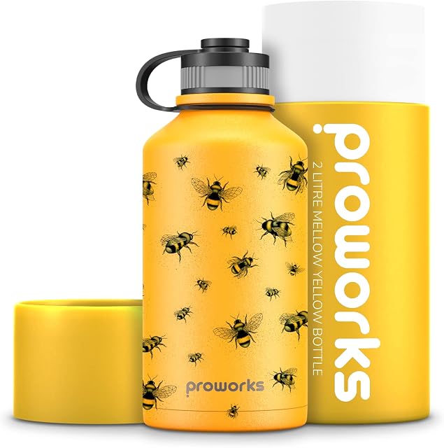 Proworks 2 Litre Water Bottle | Vacuum Insulated Stainless Steel Metal For 12 Hours Hot & 24 Hours Cold Drinks, BPA Free, Large Leakproof Water Bottles Jug For Camping. Gym, Sports, Hiking, Walking