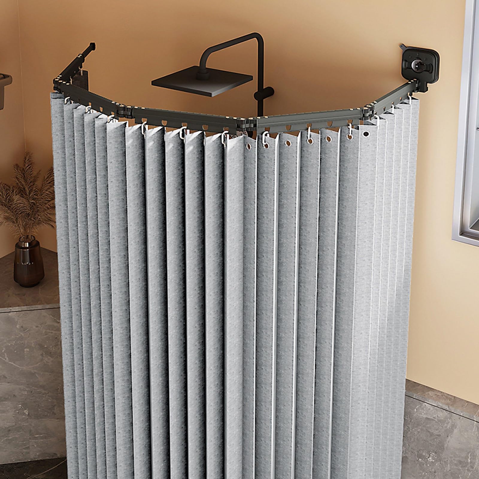 GLDYTVF Adjustable Wall Mount Foldable Shower Curtain RodNo Drill Suction Cup Design Waterproof Linen SpaceSaving & Versatile for Bathroom (Light Gray 3 Folds)