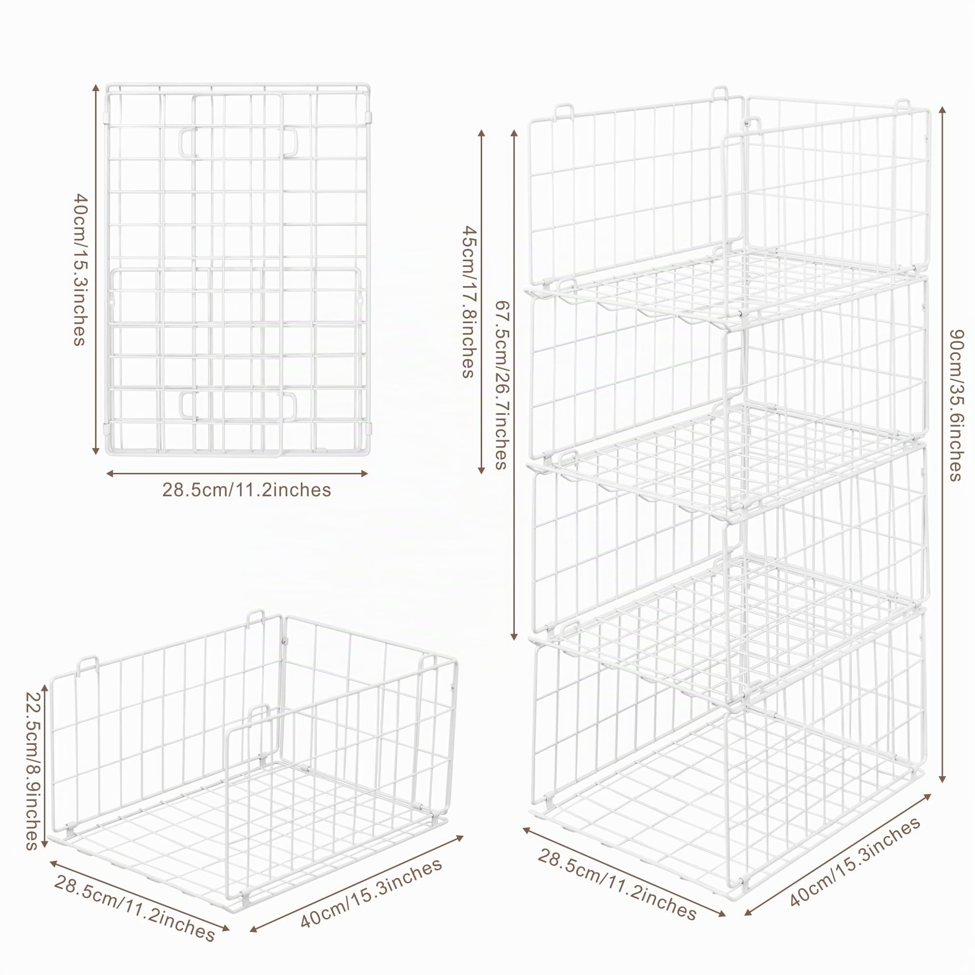 QIWODE Kleiderschrank Aufbewahrung Organizer, Kleiderschubladen Organizer, Stapelbarer Metalldrahtkorb für Schlafzimmer, Küche, Bad, Weiß (4 Stück)
