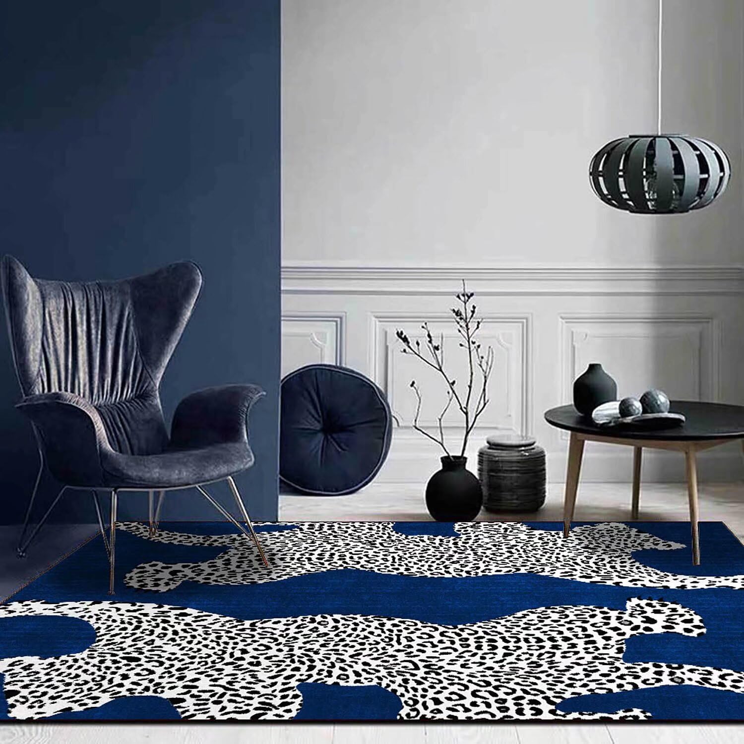 Dsopoy Leopard Print Rug for Bedroom 4x5 ft Cute Dark Blue Animal Cheetah Print Area Rugs for Living Room Bathroom Non-Slip Animal Skin Rug for Under